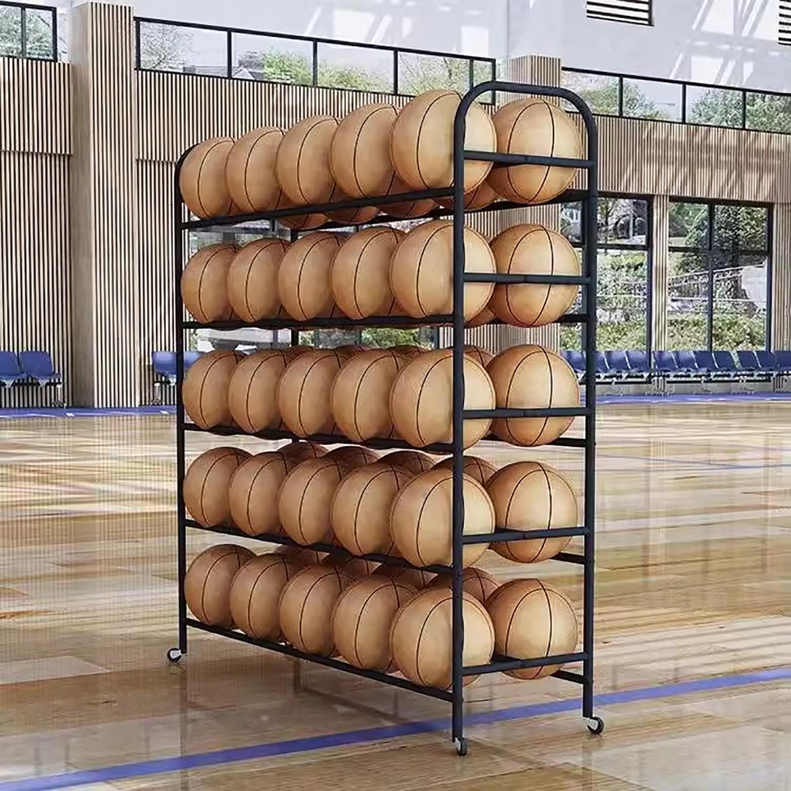 KUANGGEStorage rackHome Gym Organizer Rack Metals Basketball Rack with Wheels, 5-Tier Large Capacity Extcct Basketball Rack, Outdoor Rolling Basketball, Standing Basketball Racks for Balls