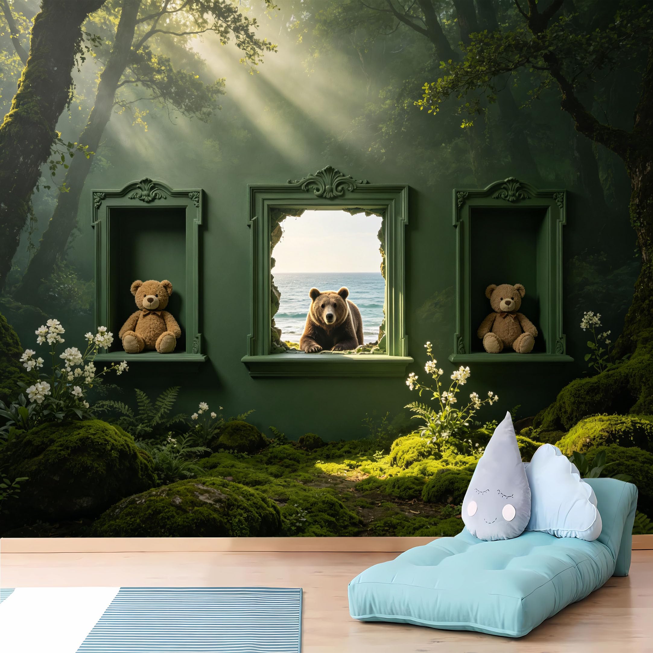 Custom Size Wall Murals 3D Niche Bear and Teddy Bears in Forest Wall Murals Wildlife Scene Wallpaper Vivid Self-Adhesive Removable Wallpaper for Kids Room