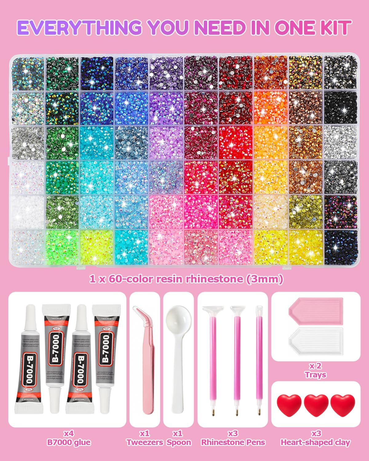 60 Colors 50000Pcs Bedazzling Kit 3mm,Resin Jelly Rhinestones Flatback Gems