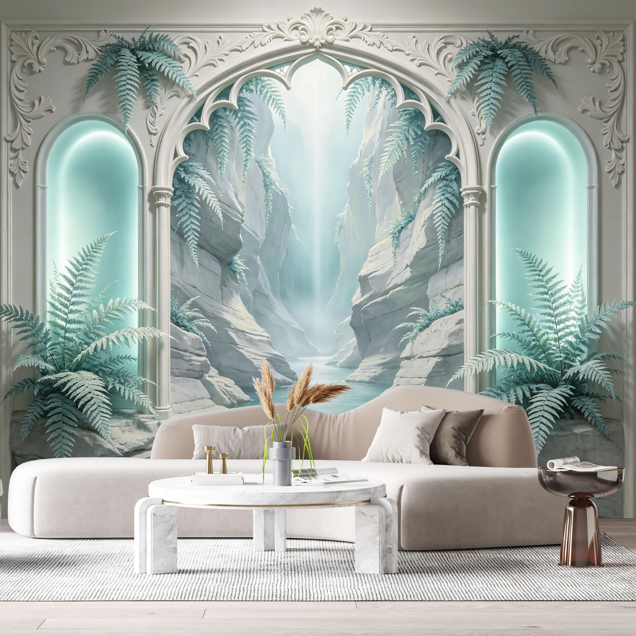 Custom Size Wall Murals Gothic Archway Mystical Canyon Ferns Botanical 3D Trompe L'Oeil SelfAdhesiveWall Fabric Removable Wallpaper Wall Decor for Living Room Bedroom Bathroom