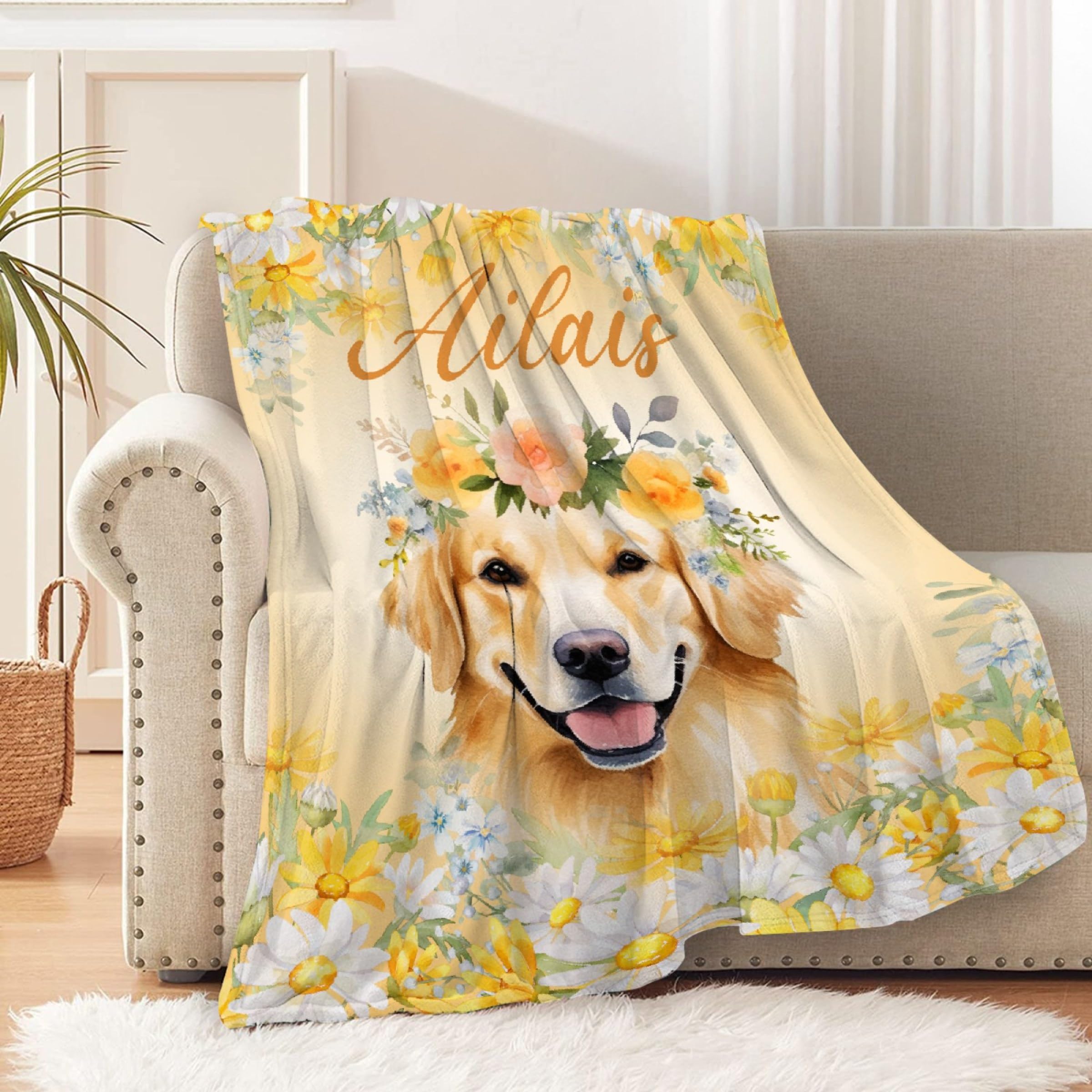 Personalized Dog Name Blanket Gifts for Boys Baby, Golden Retriever Custom Name Fleece Blanket - Soft Cozy Throw for Kids 30