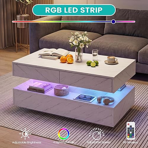 Miniatura 4 de Mesa de centro para sala de estar, mesa de centro moderna con 2 cajones de almacenamiento, mesa central de 2 niveles de madera con luces LED de 20