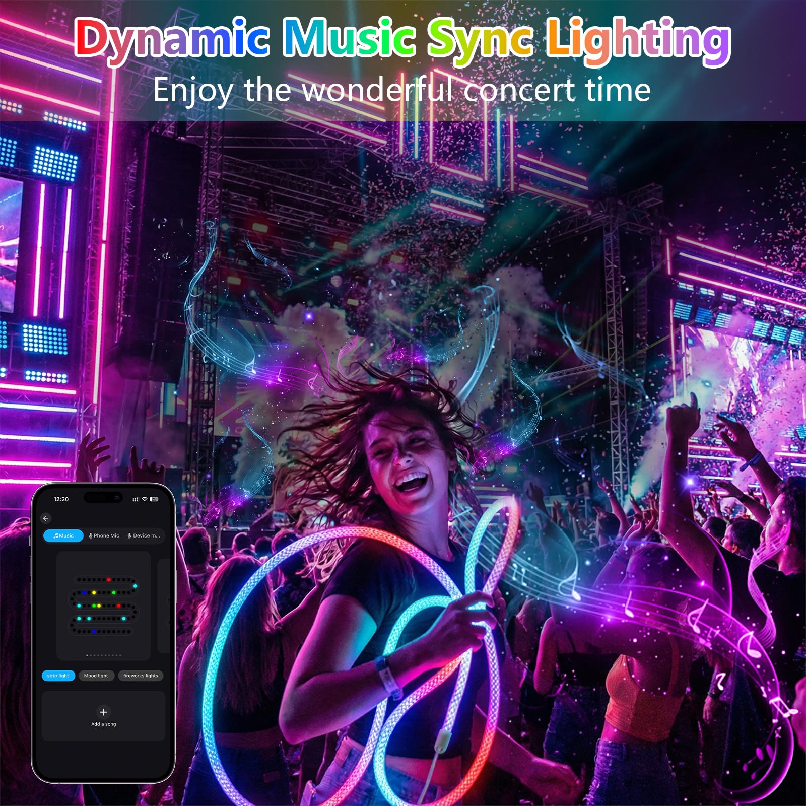 Neon LED Strip RGB+IC 5M, 5V USB LED Streifen mit Fernbedienung | 360 Grad Rund Neon, IP67 Wasserdicht, mit Timer Musik Sync APP Steuerung für Pavillon Dachvorsprung Steinsäulen Oudoor Deko
