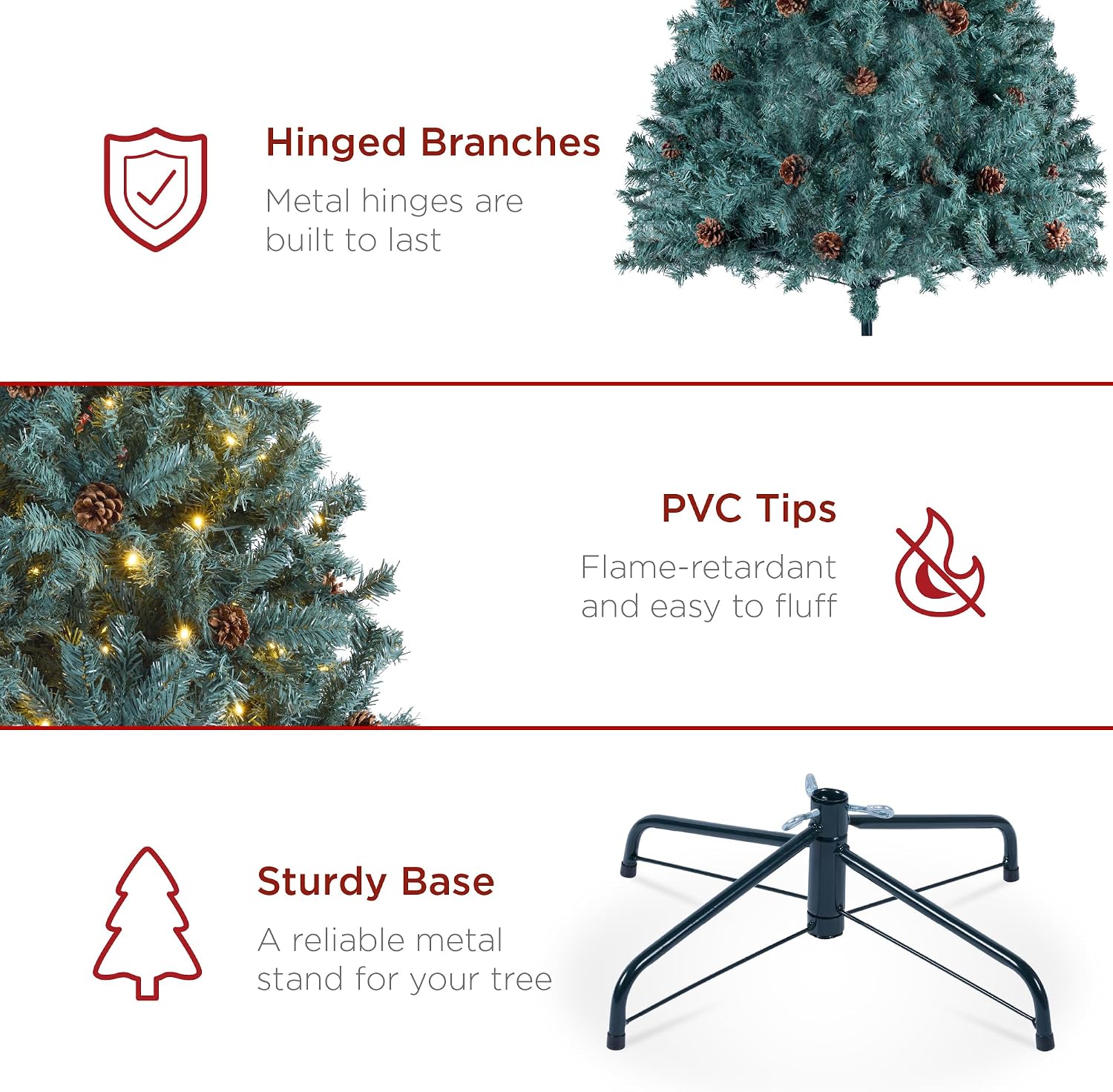 Best Choice Products 6ft Pre-Lit Pre-Decorated Pine Artificial Christmas Tree w/ 1,000 Tips, 59 Pinecones, 250 Lights, Base – Blue Spruce