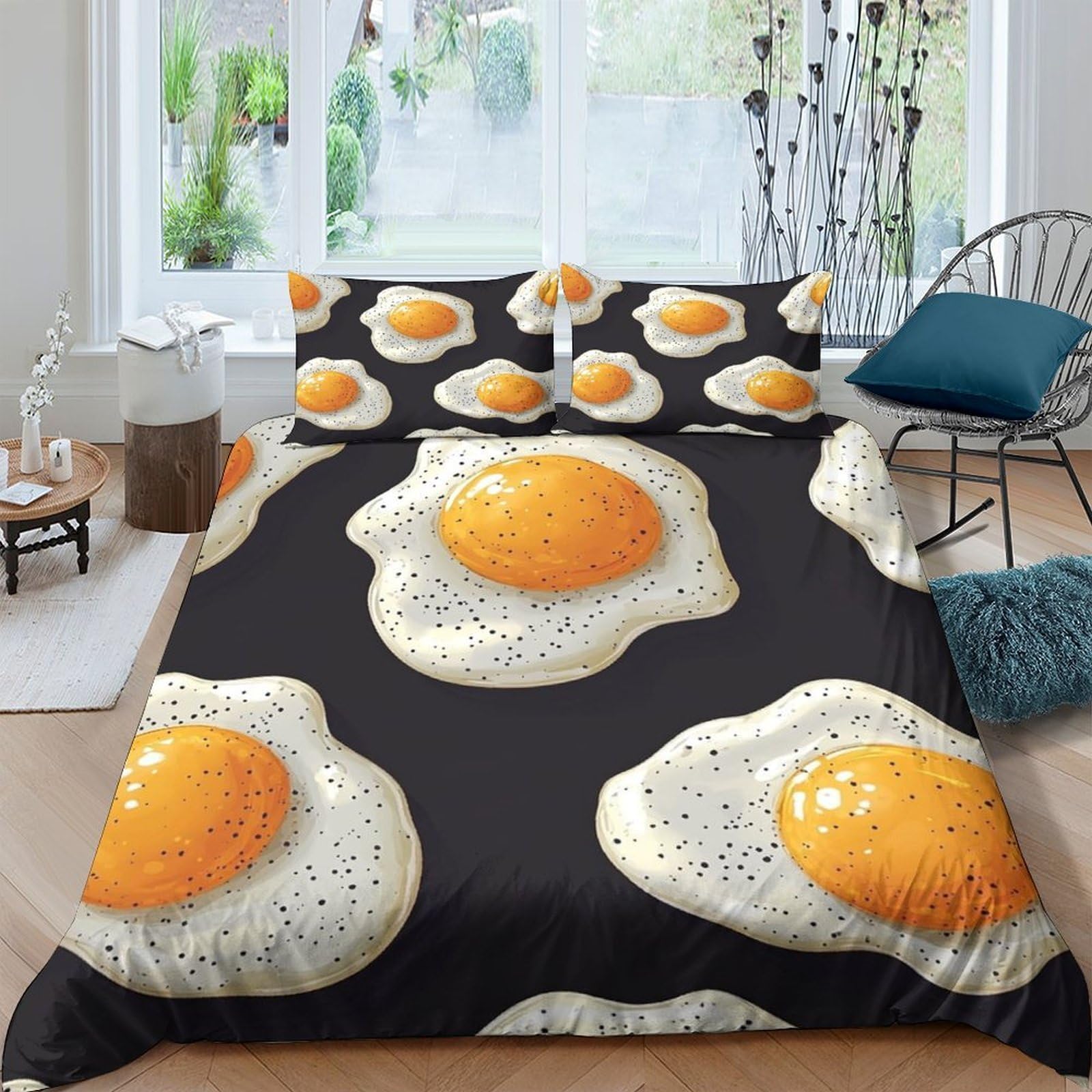 Ctjqhvkz Style-1 3D Printed Fried Egg Fitted Sheet Microfiber Soft Yellow White Yolk Bed Cover For Bedroom Dorm Mattress Protection Decor Single（135X200cm）