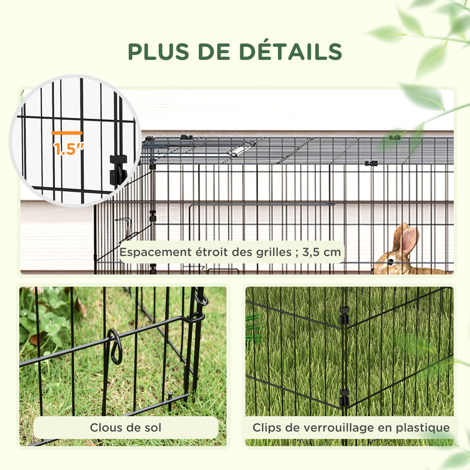 PawHut Parc enclos modulable Acier avec bache pour Lapins rongeurs Petits Animaux 185x75x50 cm Vert