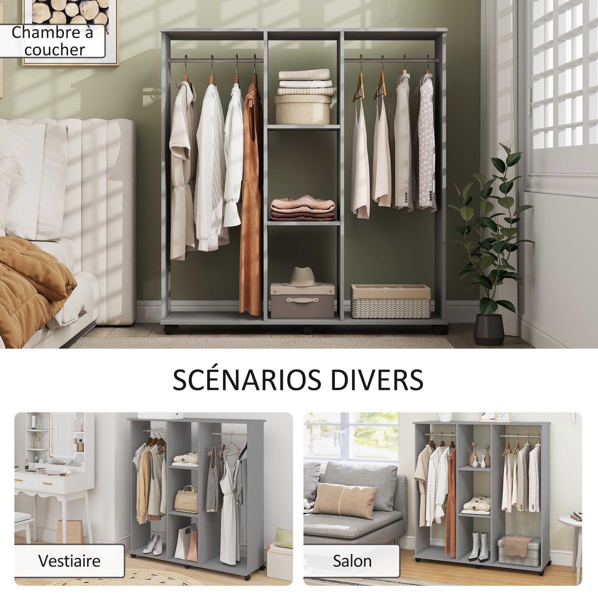 HOMCOM Armoire Penderie Meuble de Rangement Mobile 6 roulettes 120L x 40l x 128H cm en Bois Gris