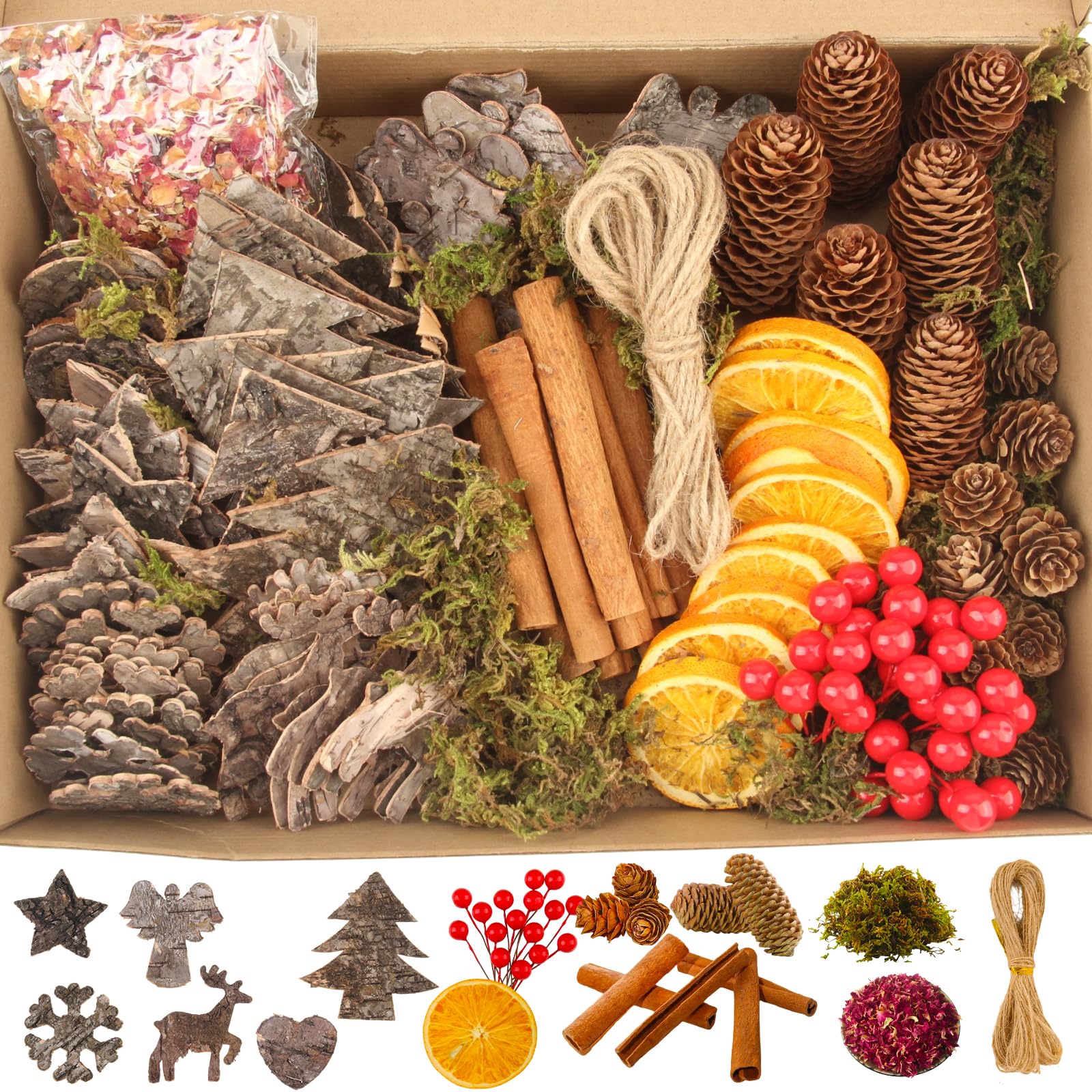 129 Pezzi Potpourri Natalizio Sostituzione Decorazioni Corona Avvento con Cannella Arance Essiccate Decorative Anice Stellato Pignette e Pentagrammi Muschio Spago di Iuta Corona Dell'avvento