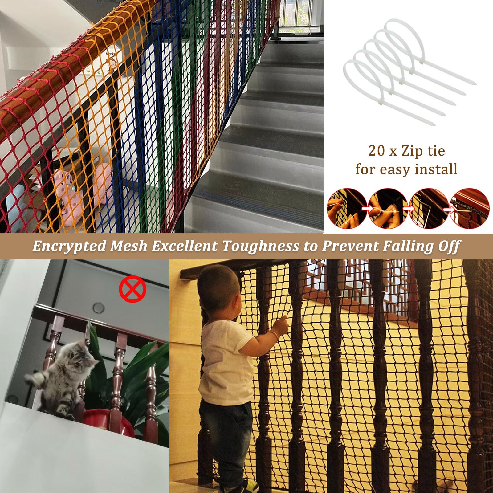 Rete di Sicurezza per Bambini Gatti, Rete di Protezione Arresto Caduta Zenza Nodi Resistente all'Usura per Scale e Balconi Ringhiere Altalena da Giardino(Size:1 * 3m(3 * 10ft),Color:colorato)