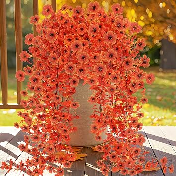 Artificial Fall Fake Flowers for Outdoor Fall Decoration 2PCS Faux Hanging Flowers Realistic UV Resistant Fall Mums Artificial Flowers Outdoor for Home Porch Planter Patio Yard Fall Decor, Orange