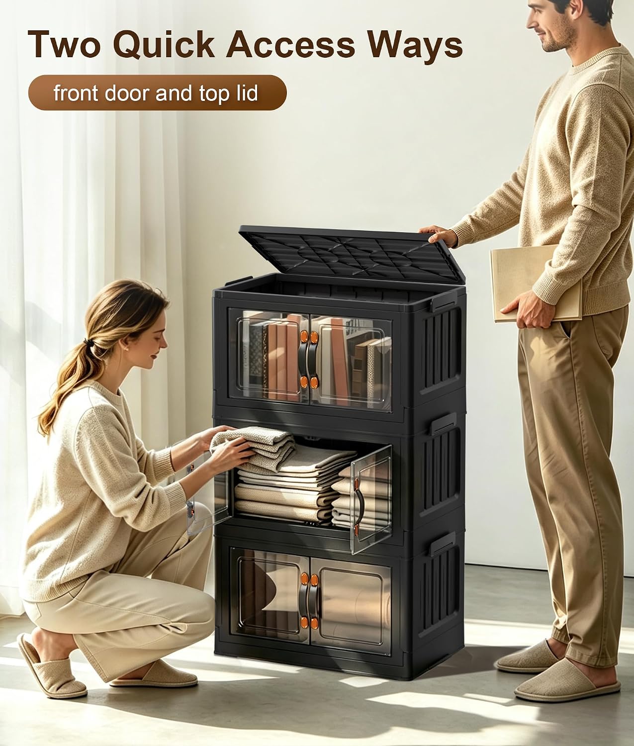 Hanyi 105 QT 3-Tier Stackable Storage Bins with Lids, Black, Clear Doors image 5
