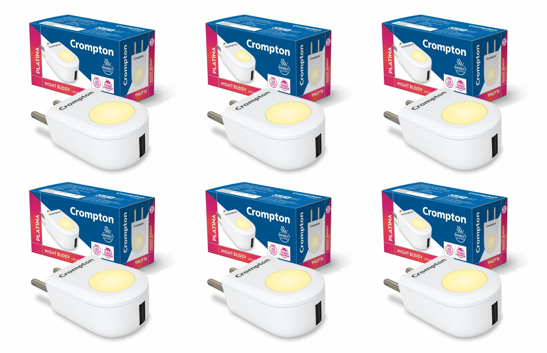 Crompton Night Buddy USB Charger + Lamp| 0.5 W|Turbo Charge|Indirect Lighting|Natural White|USB Charging Point|2 Pin Plug|Less Power Consuption|Pack of 6, led