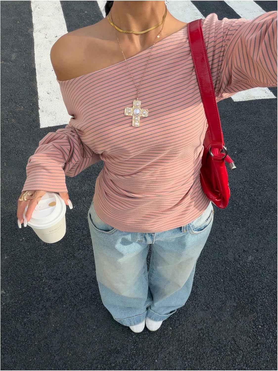 WDIRARA Women's Striped Off Shoulder Tops Streetwear Cinched Waist Long Sleeve T Shirts - Image 3