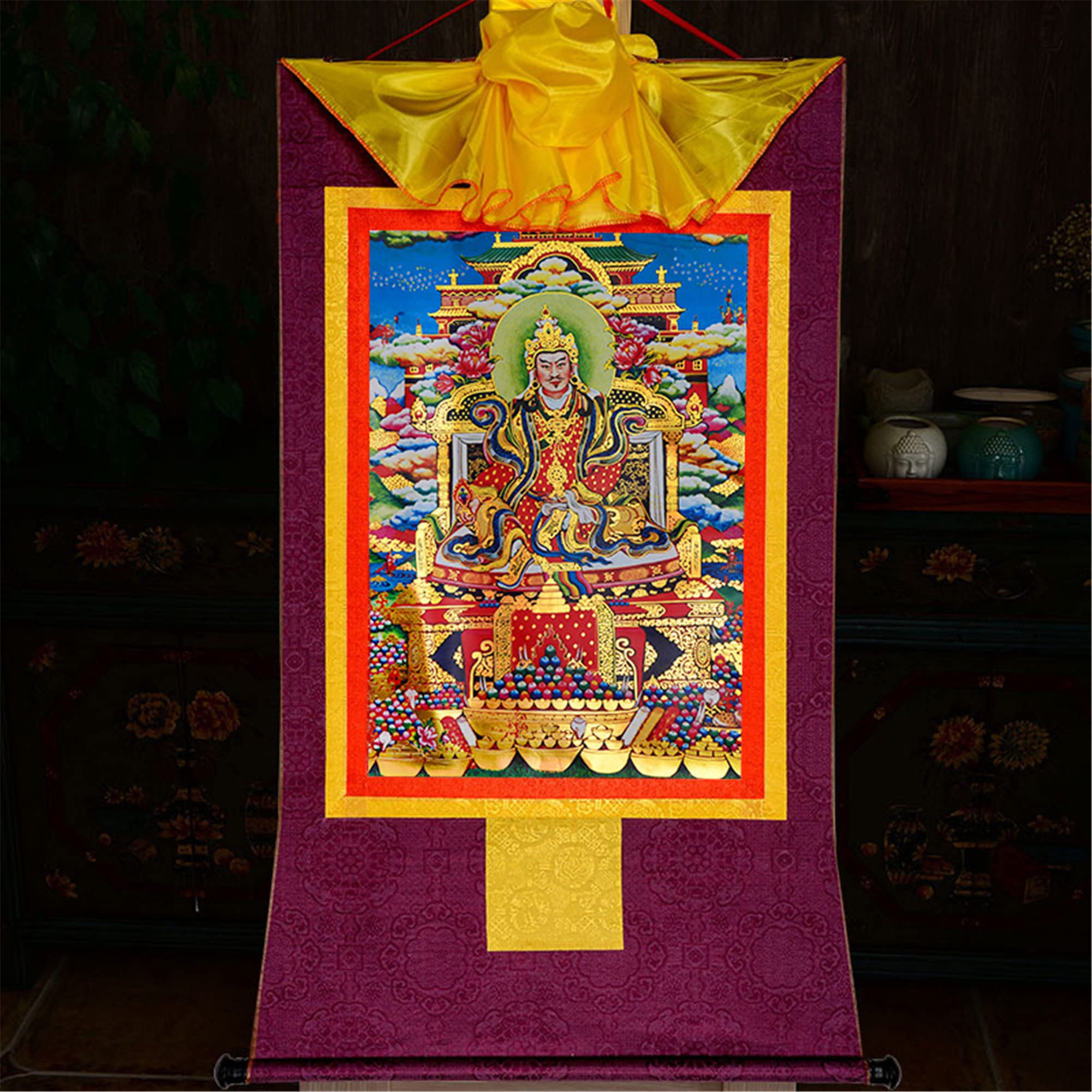 Gandhanra Thangka Tibetano - Guru Padma Gyalpo Thangka - Arazzo di Buddha a Stampa Dorata per Decorazione Zen, Meditazione, Rilassamento Spirituale e Pace