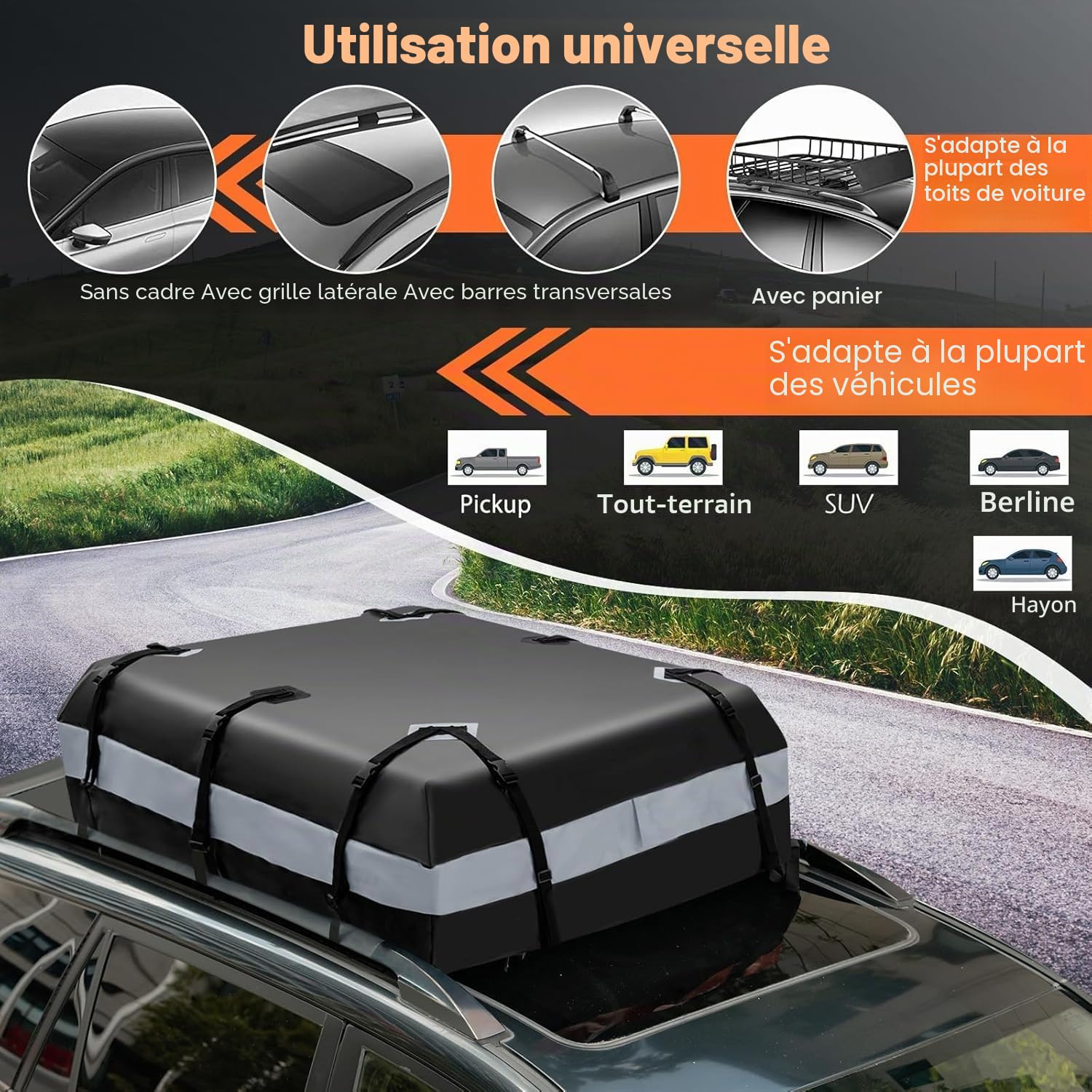 FANTASK Coffre de Toit avec Serrure à Combinaison pour Tous Les véhicules avec/sans Barres de Toit - 420 l - Étanche - avec 6 Crochets de Porte - Tapis antidérapant et Sac de Transport - Pliable