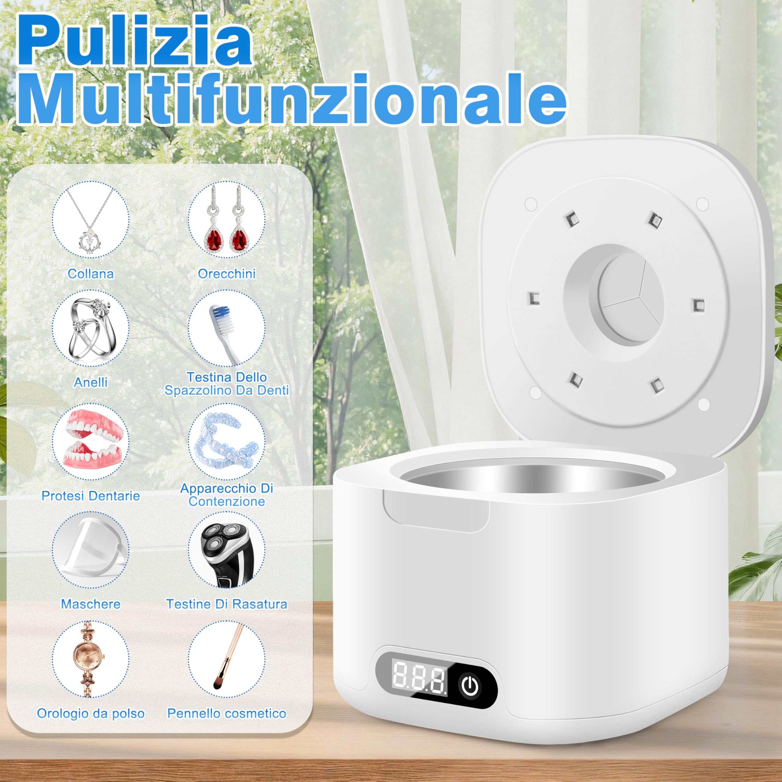 Charmofun Pulitore Ultrasuoni 49000Hz, 340ML Pulitore Ultrasuoni Apparecchio Denti con Luce UV, Ultrasonic Cleaner con 4 Modalità Temporali, Lavatrice Ultrasuoni per Bite, Protesi dentali, Orologi, Gi
