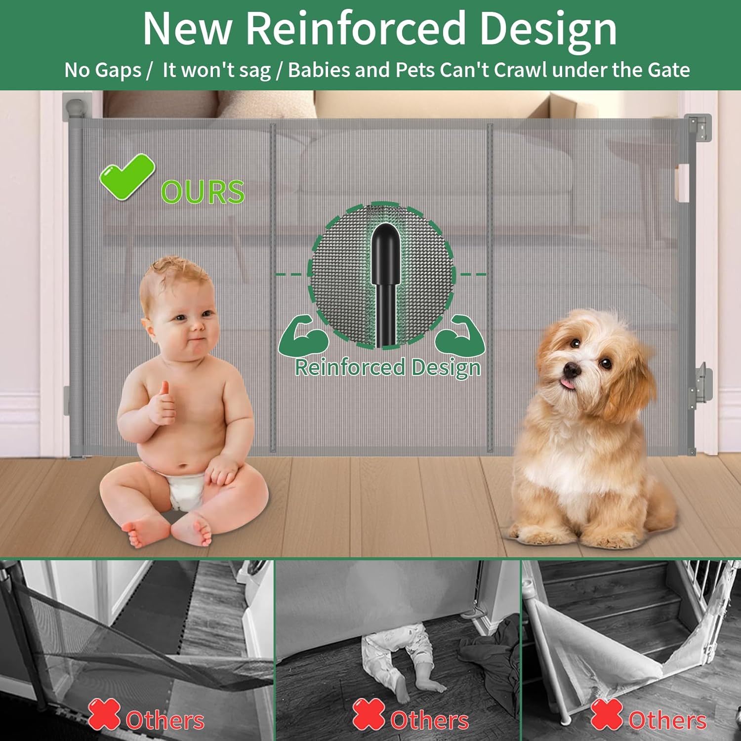 Reinforced Retractable Baby Gate, Extra 38" Tall, Extends up to 63" Wide, Hardwared Installation Mesh Gate for Stairs, Dog Gate, Child Pet Gate for Stairs, Doorways, Hallways, Indoo (Gray)