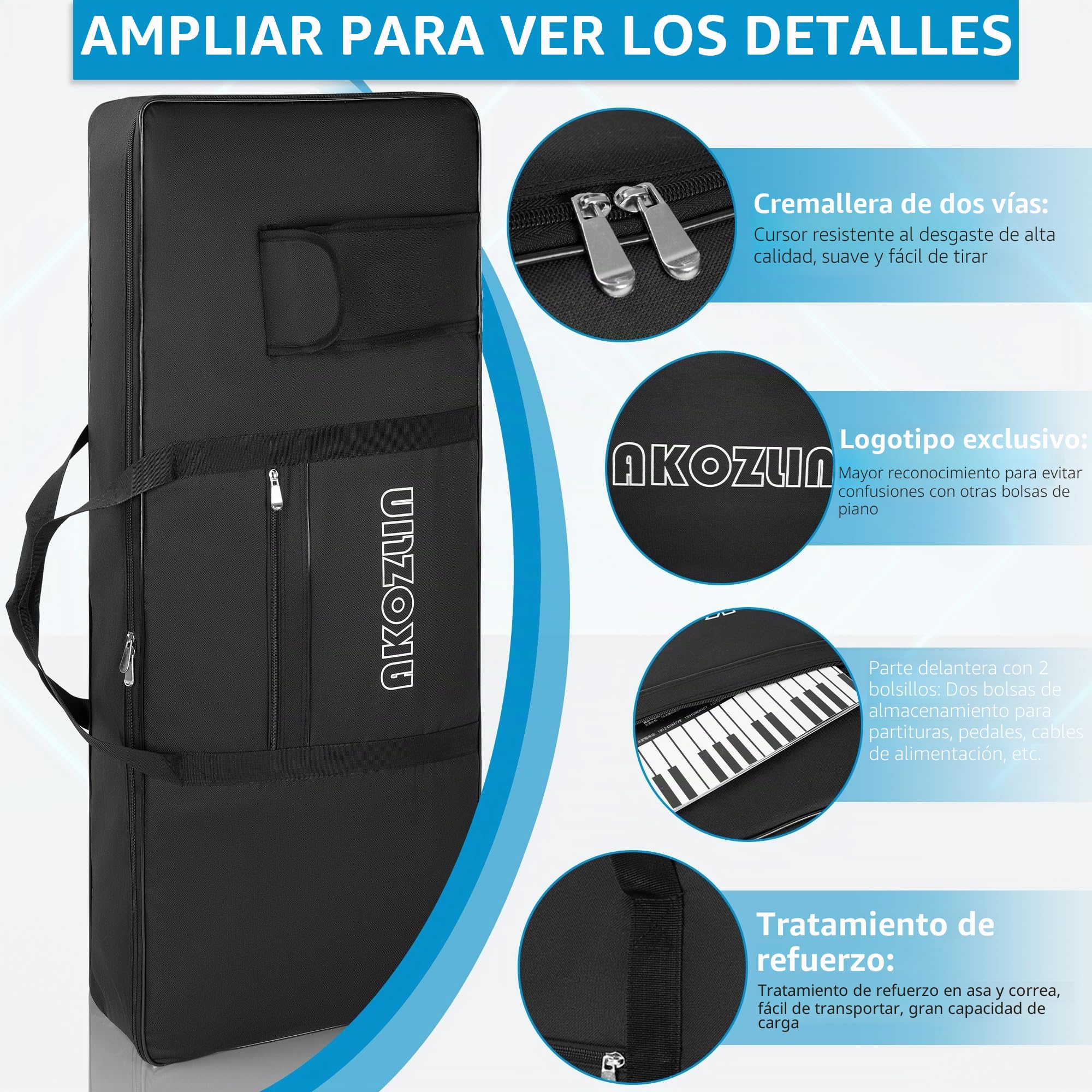 AKOZLIN Funda Acolchada portátil para Teclado de Piano eléctrico, 61-76-88 Teclas, Color Negro