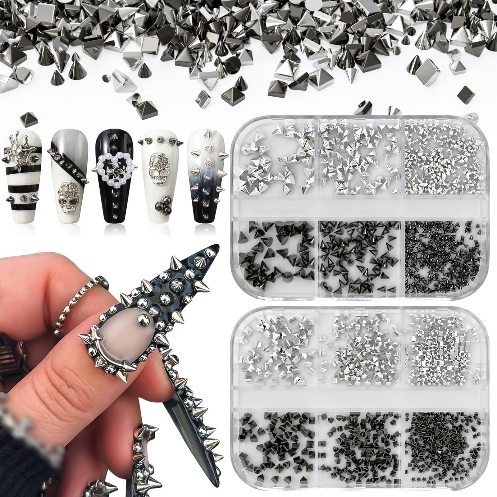 12 pudełek gotyckich zawieszek do paznokci, mini kolce do paznokci, punkowe ćwieki, styl wiktoriański i Halloween, manicure, dekoracje do paznokci, płaskie, metaliczne kolce 3D
