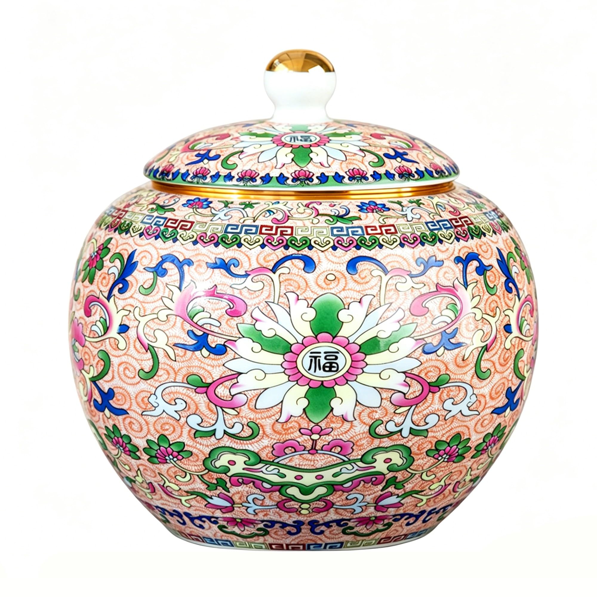 MMleYN Chinoiserie Enamel Ginger Jar With Airtight Twist Lid, Hand-Painted Round Ceramic Decorative Jar, Vintage Porcelain Food Canister For Loose Tea, Coffee Beans(D)