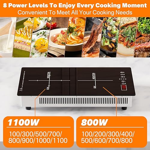 Miniatura 3 de Placa de cocción de inducción de 2 quemadores, placa caliente de doble inducción con temporizador y bloqueo para niños, estufa eléctrica portátil de