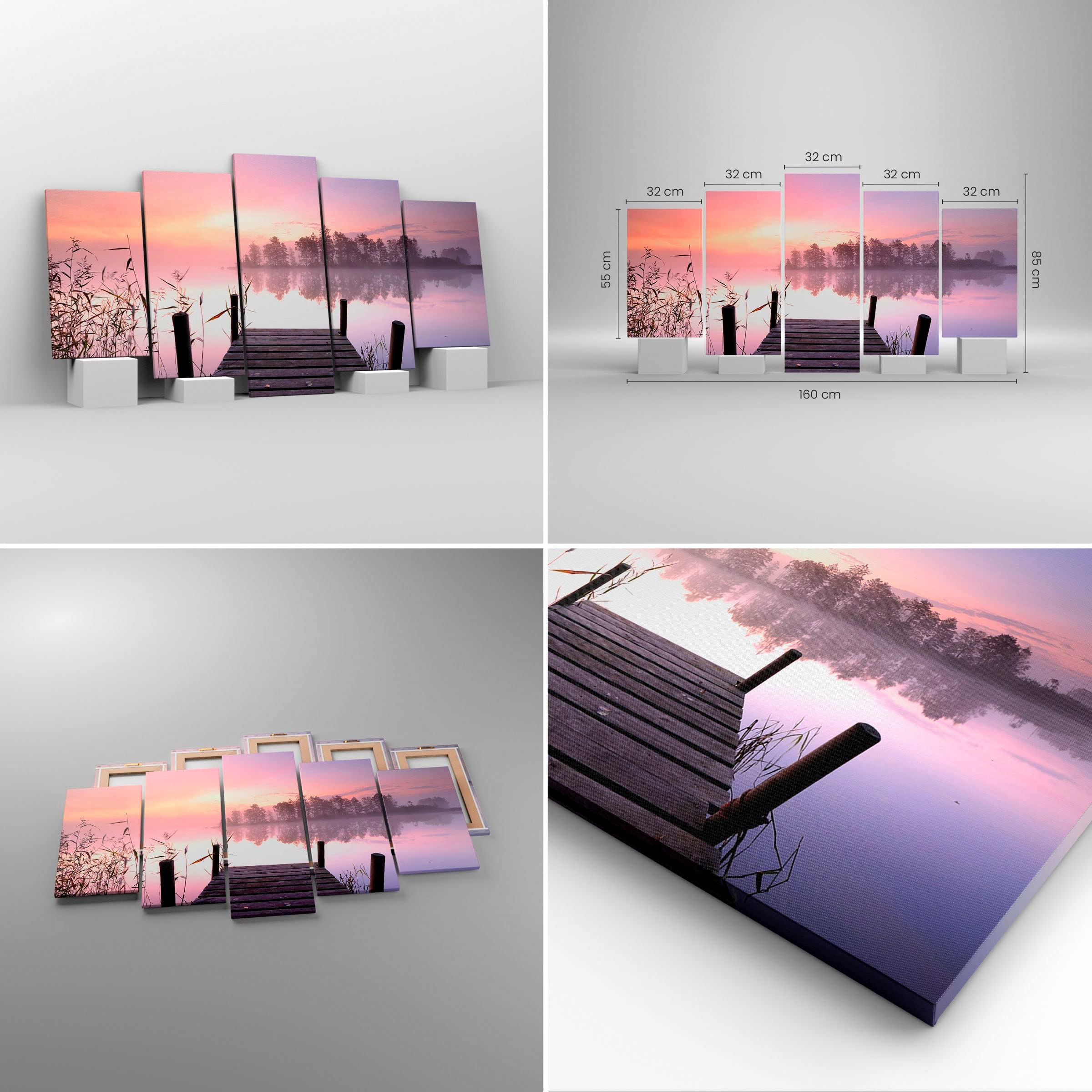 Wandbilder Dekoration Wohnzimmer Morgen Sonnenaufgang Nebel See Bilder auf Leinwand 160x85cm Leinwandbild Schlafzimmer Set 5 teilige Wand Kunstdruck Art Groß XXL Wanddeko Bild Canvas EA160x85-2593