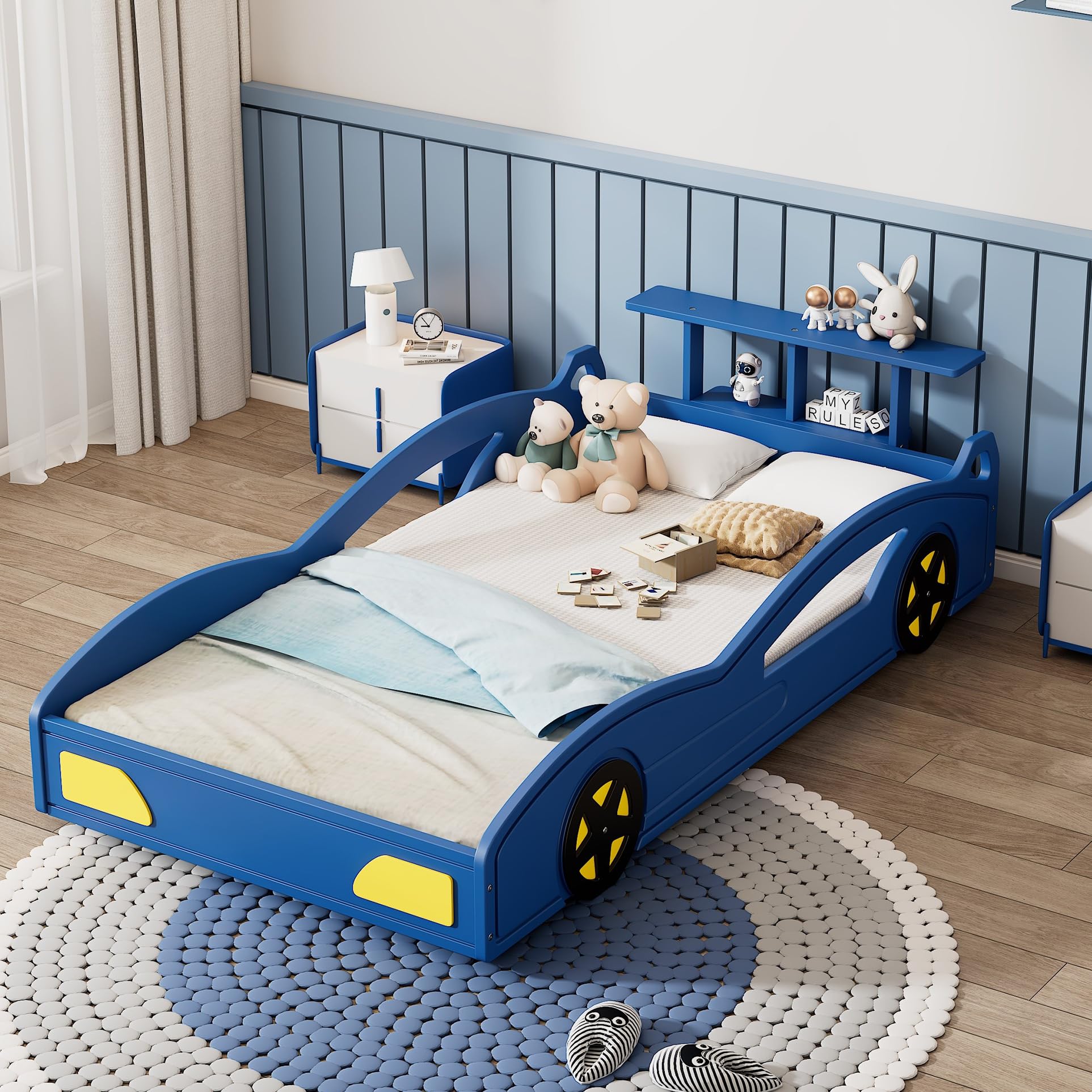 Twin Size Bed Frame for Kids, Twin Floor Bed with Rails, Wooden Race Car Bed, Car-Shaped Platform Twin Bed with Wheels,Mattress Foundation,Wood Slat