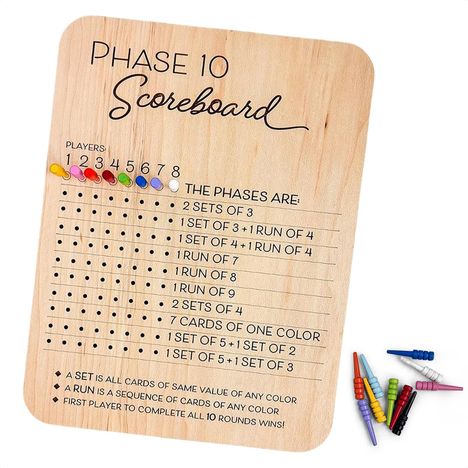 OrionixPhase 10 Score Board - 2025 Phase 10 Scoreboard Game, Phase 10 Card Game Wooden Made, Phase 10 Scoreboard Round Tracker Board Card Games Night Table Score with 10 Wooden Colored Pegs