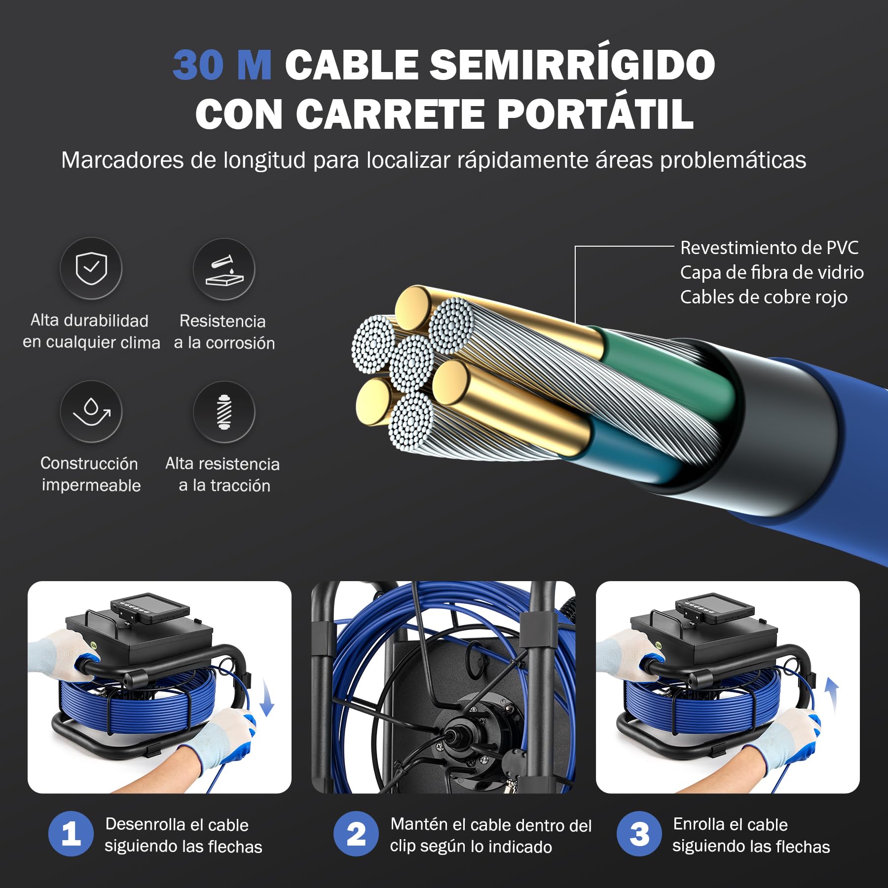 ZELCAN 4,3 Pulgadas Cámara de Alcantarillado, Cámara de Inspección de Alcantarillado con Cable de 30 m y Marcadores de Longitud, Cámara Impermeable para Tuberías