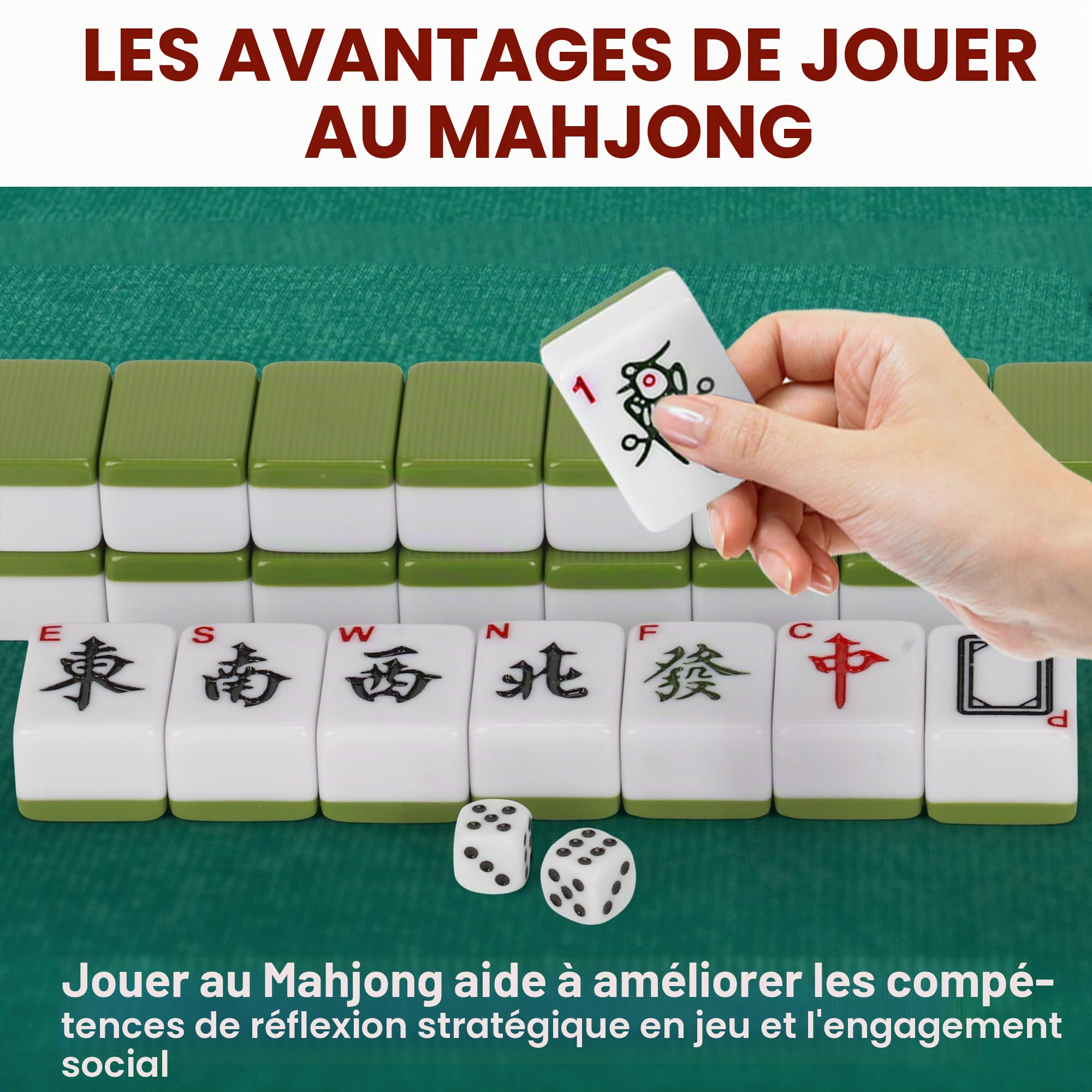 Nisorpa Ensemble de Mahjong Chinois 3 x 2,25 cm - Structure Solide, Facile à Lire, Taille Moyenne - Jeu Complet pour Voyage, Fête, Famille (3 x 2,25 x 1,7)