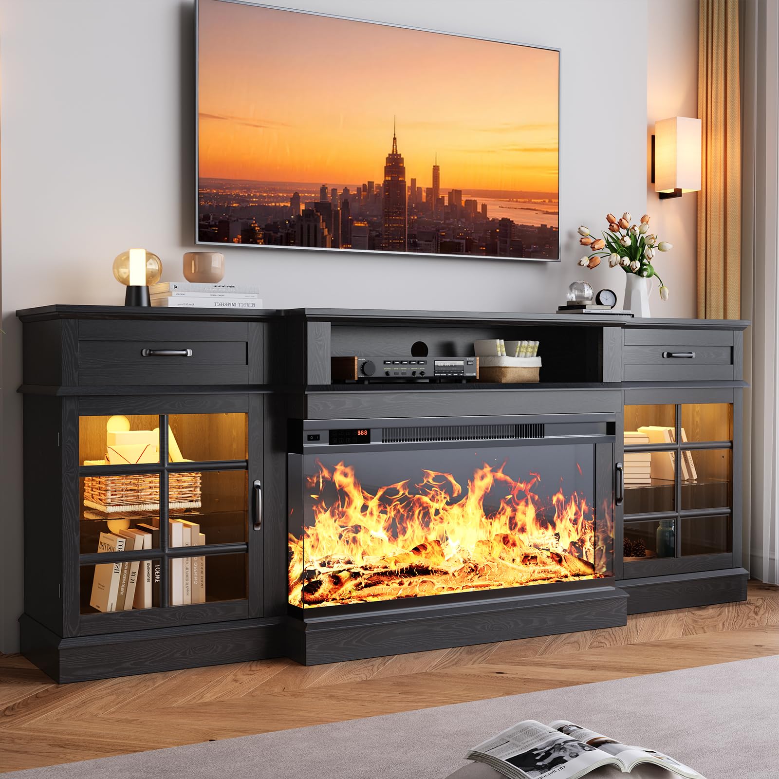 Photo 1 of MXV 80" Fireplace TV Stand, 3-Sided Glass Fireplace and Modern Entertainment Center, Wooden Media Console with Glass Doors & Storage Drawers, LED Light, for Living Room, Black