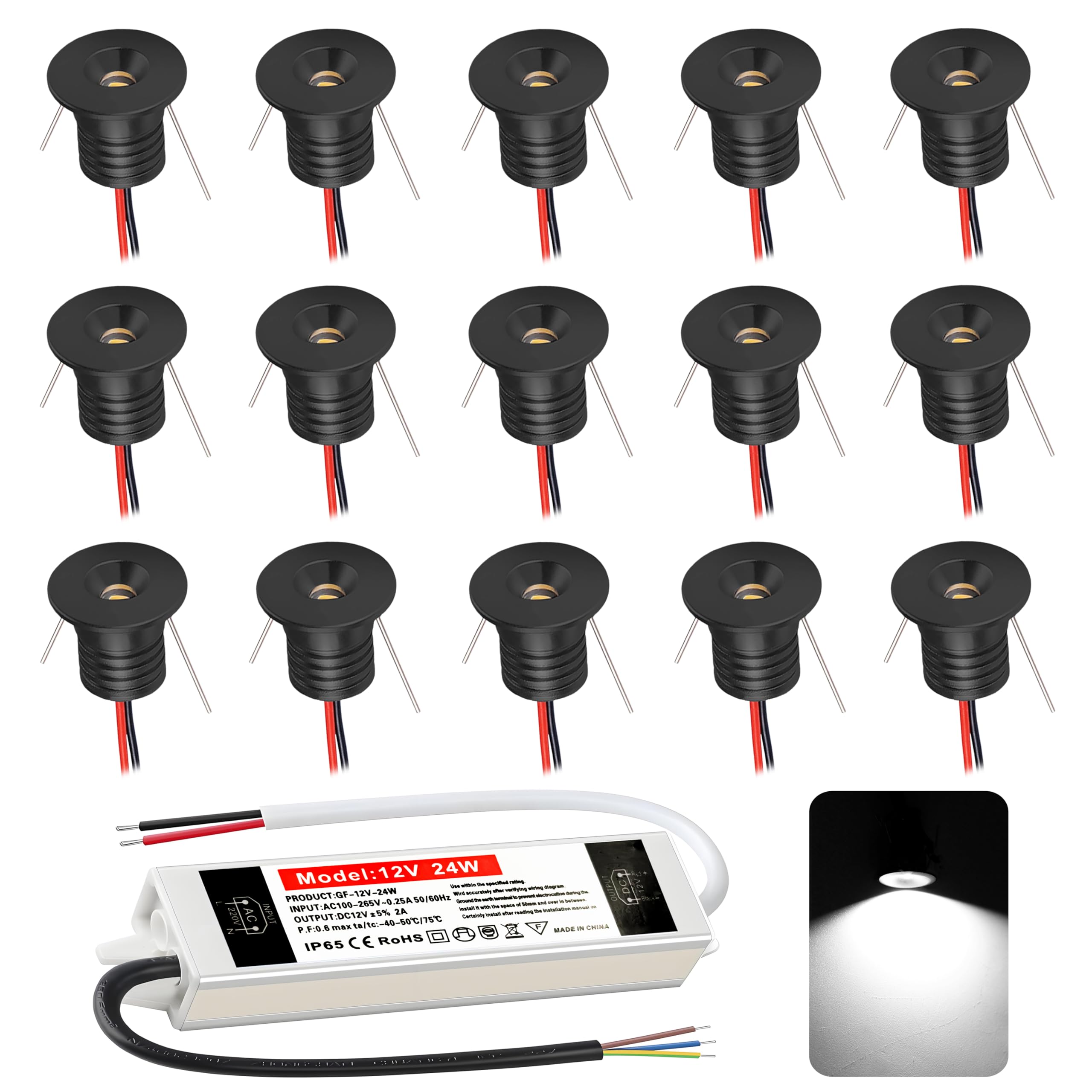 Einbaustrahler LED 1W, mini led Spot,led einbaustrahler 12V Lochmaß 15-18mm,Deckenspots IP65 Einbauspots Kaltweiß,Led spot für Carport Badezimmer Küche,mit 230V Trafo,15er set (Schwarz Kaltweiß 6000k)
