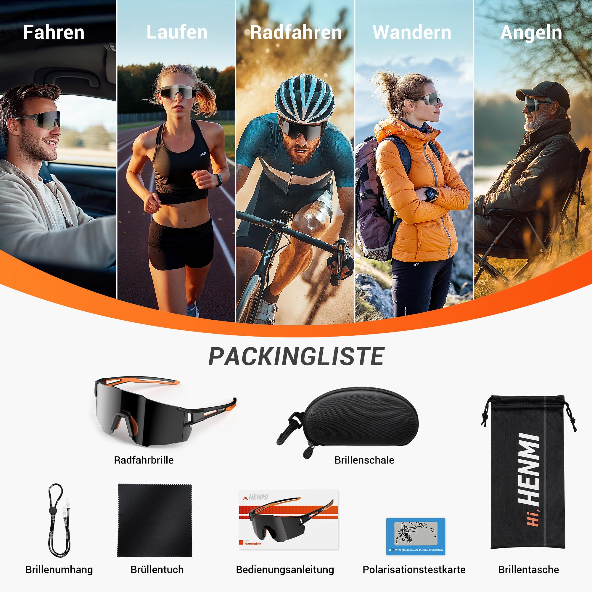HENMI Sportbrille für Herren Damen – UV400 Schutz Sonnenbrille mit TR90 Rahmen, verstellbarem Nasenpad & Bügel – 2 Varianten: selbsttönend & polarisiert – Ideal für Radsport, Laufen & Outdoor
