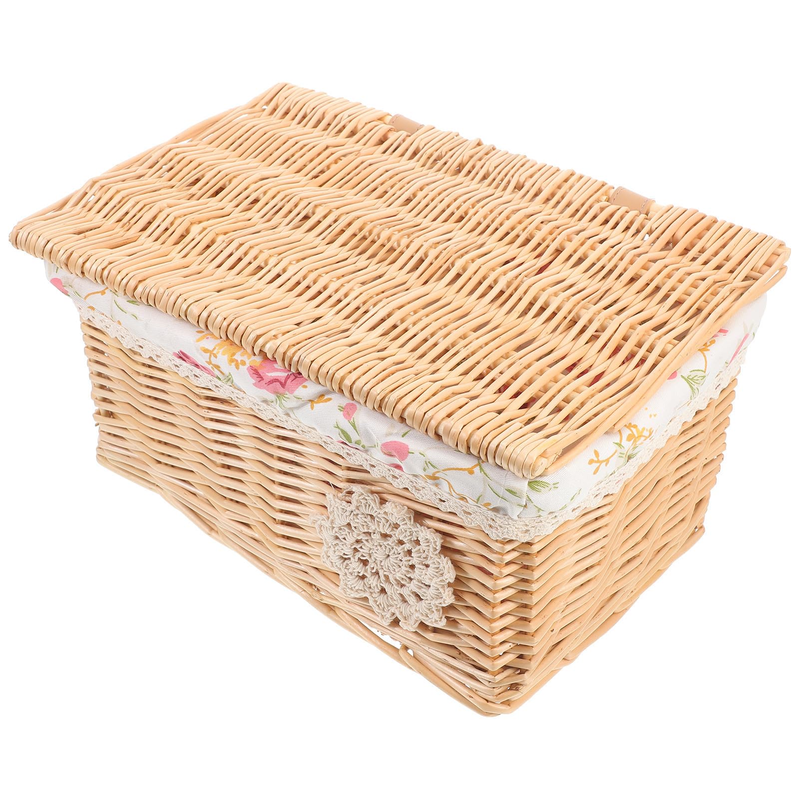 Boîte de rangement grosse capacité osier tressé avec couvercle beige pour petits objets bureau
