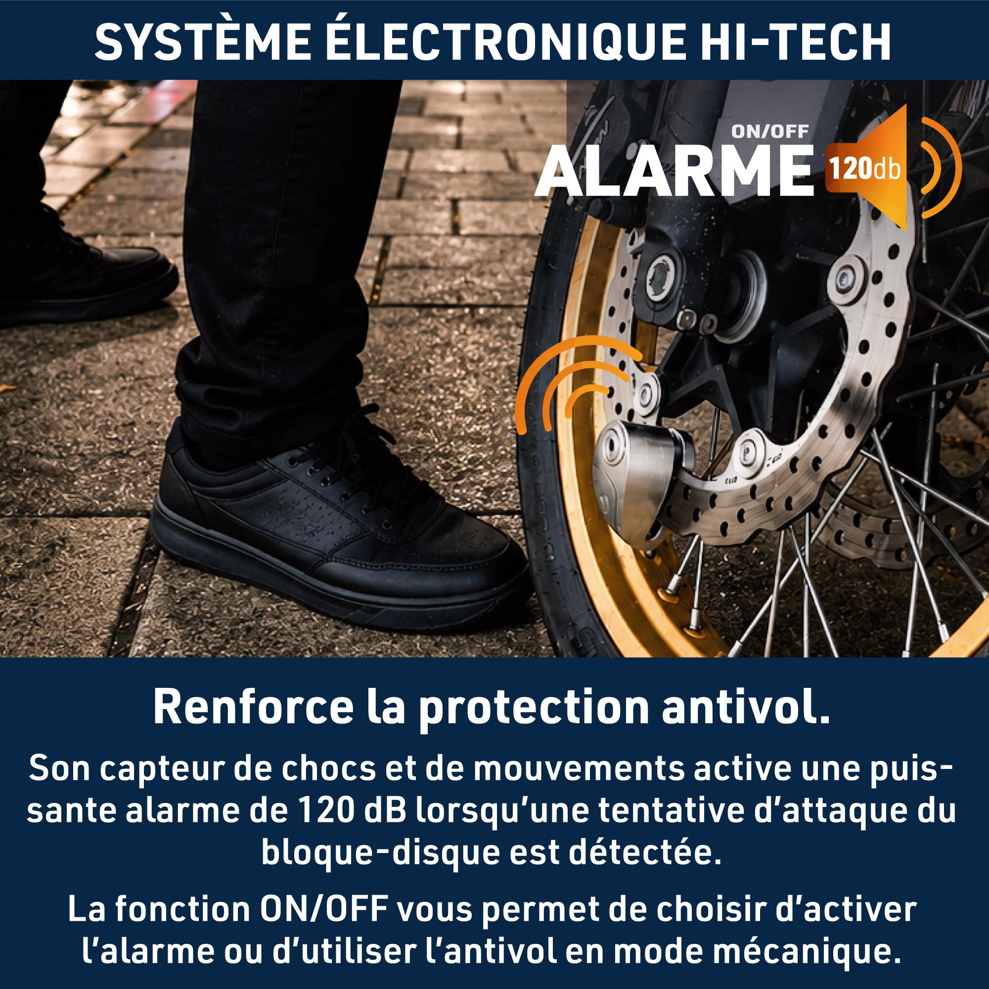 URBAN UR910S Antivol Moto Homologué SRA, Bloque Disque avec Alarme Hi-Tech | 120 dB, X2 ON | Pile CR2, Câble Rappel, Serrure Haute Sécurité, Bloc Double Verrouillage ø10mm, Acier Inoxydable