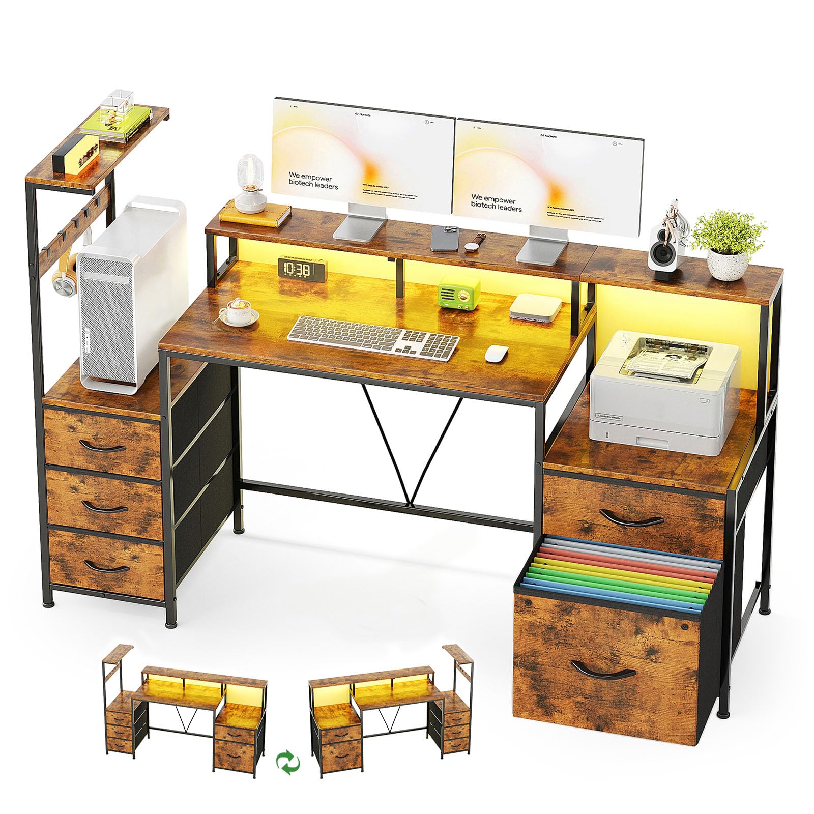 MUTUN 160cm Computer Desk with Printer Stand and Storage Shelves, Reversible Home Office Desk with Fabric Drawers and Monitor Shelf, Writing Work Desk for Bedroom Living Room Study, Brown