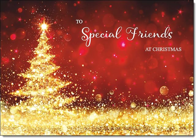 doodlecards Special Friends Christmas Card Gold Abstract ChristmasTree Medium Size with Plain Red Envelope