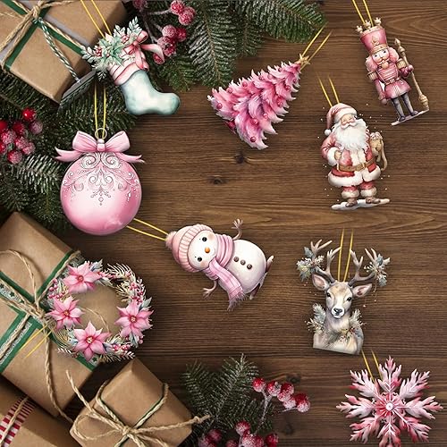 Miniatura 5 de 24 adornos de madera de Navidad rosados, muñeco de nieve de Navidad, Papá Noel, alce, guirnalda de madera, adornos de Navidad Haniging, colgantes
