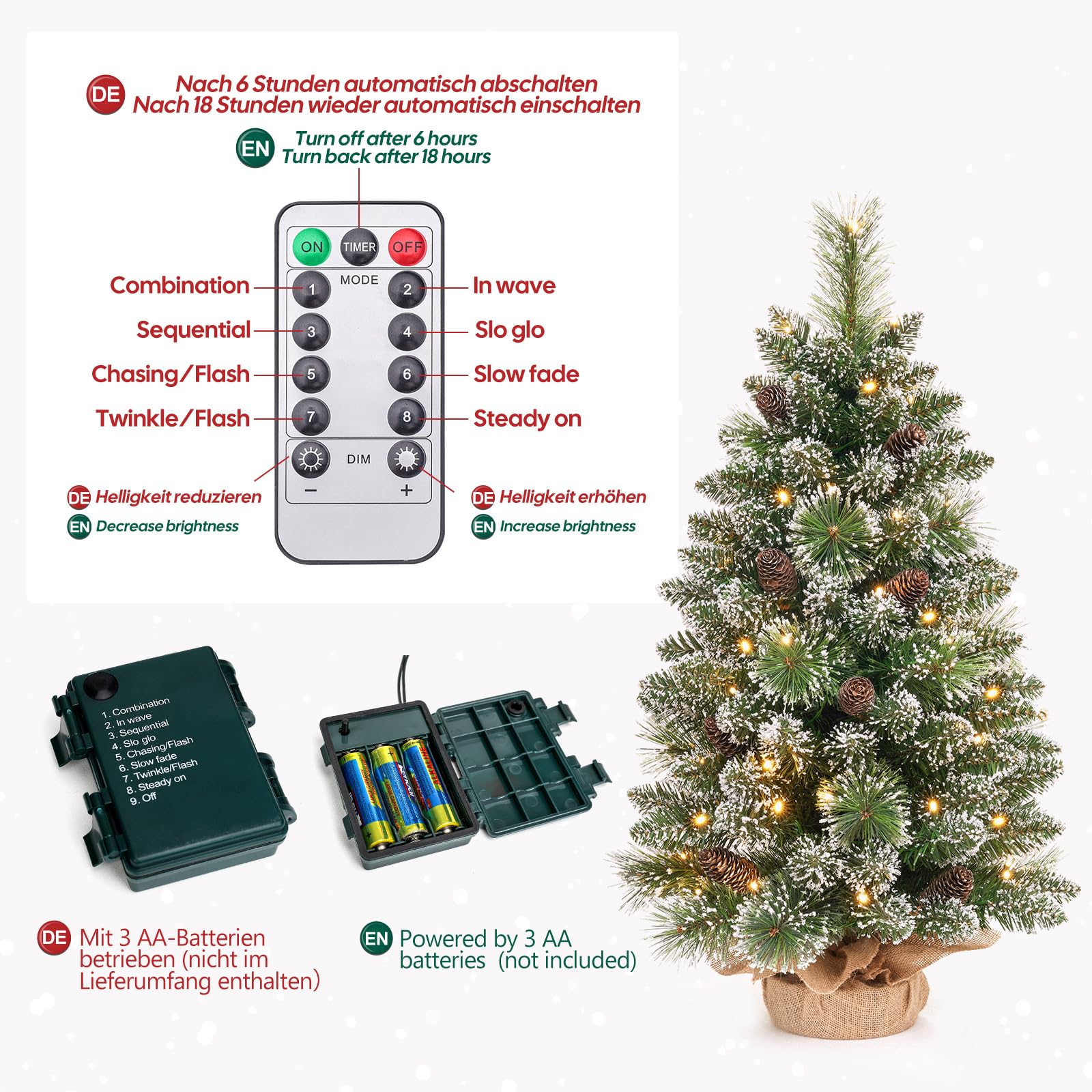 Yorbay Mini Albero di Natale con Illuminazione a LED, 70 cm, con Punta Dell'albero a Stella e Pigne in Vero Pino, Decorazione Natalizia, Avvento (70 cm con Telecomando)