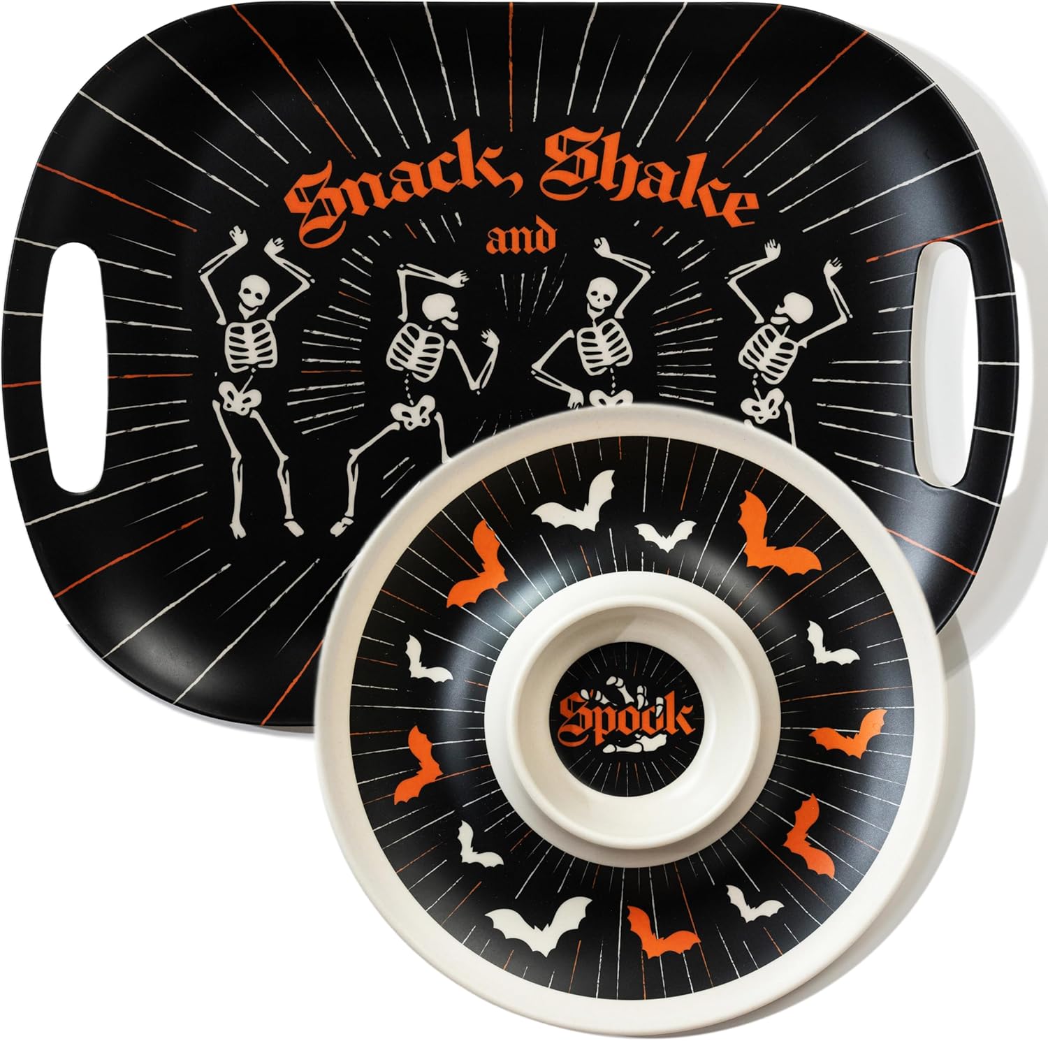 Oasis Choice 2-Pack Halloween Skeleton Serving Trays, 18" Large Handled Tray & 13" Chip & Dip Platter for Christmas, Party, BBQ, picnics and Birthday (Bamboo Fiber, Black, 18inch) Eerie Black 18inch