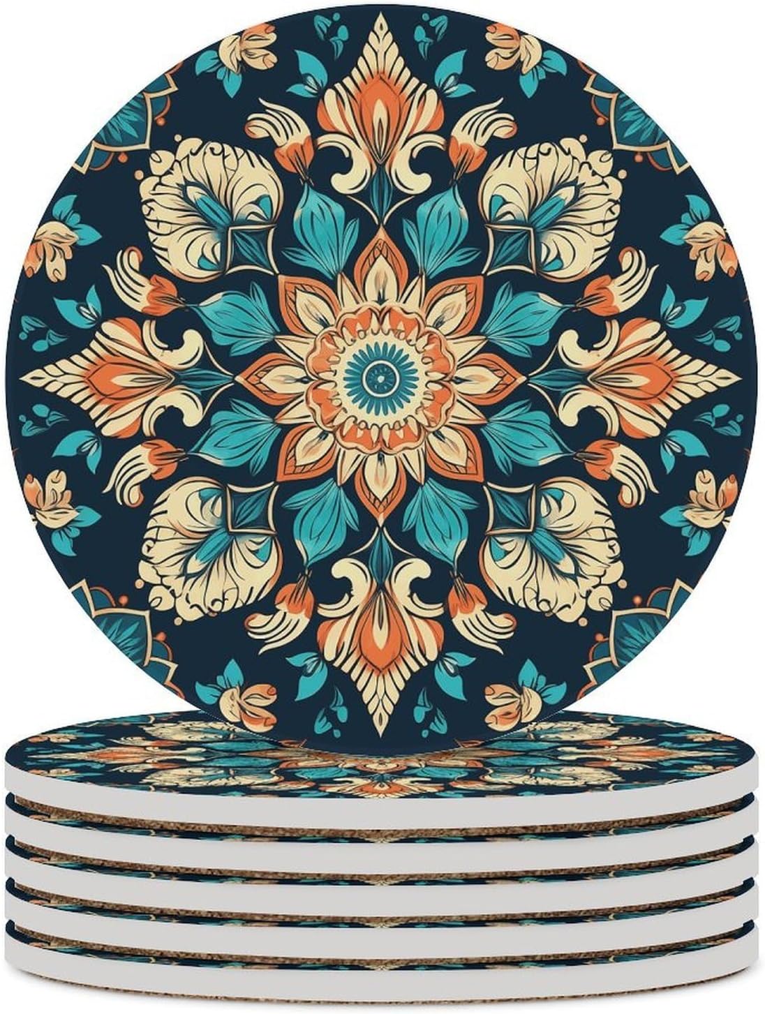 6PCS Vintage Mandala Flowers Coasters Non-Slip Round Drink Coasters with Ceramic Stone and Cork Base, Heat Resistant Absorbent 33.00Stone Coaster Set for Kinds of Mugs and Cups, 4 Inch