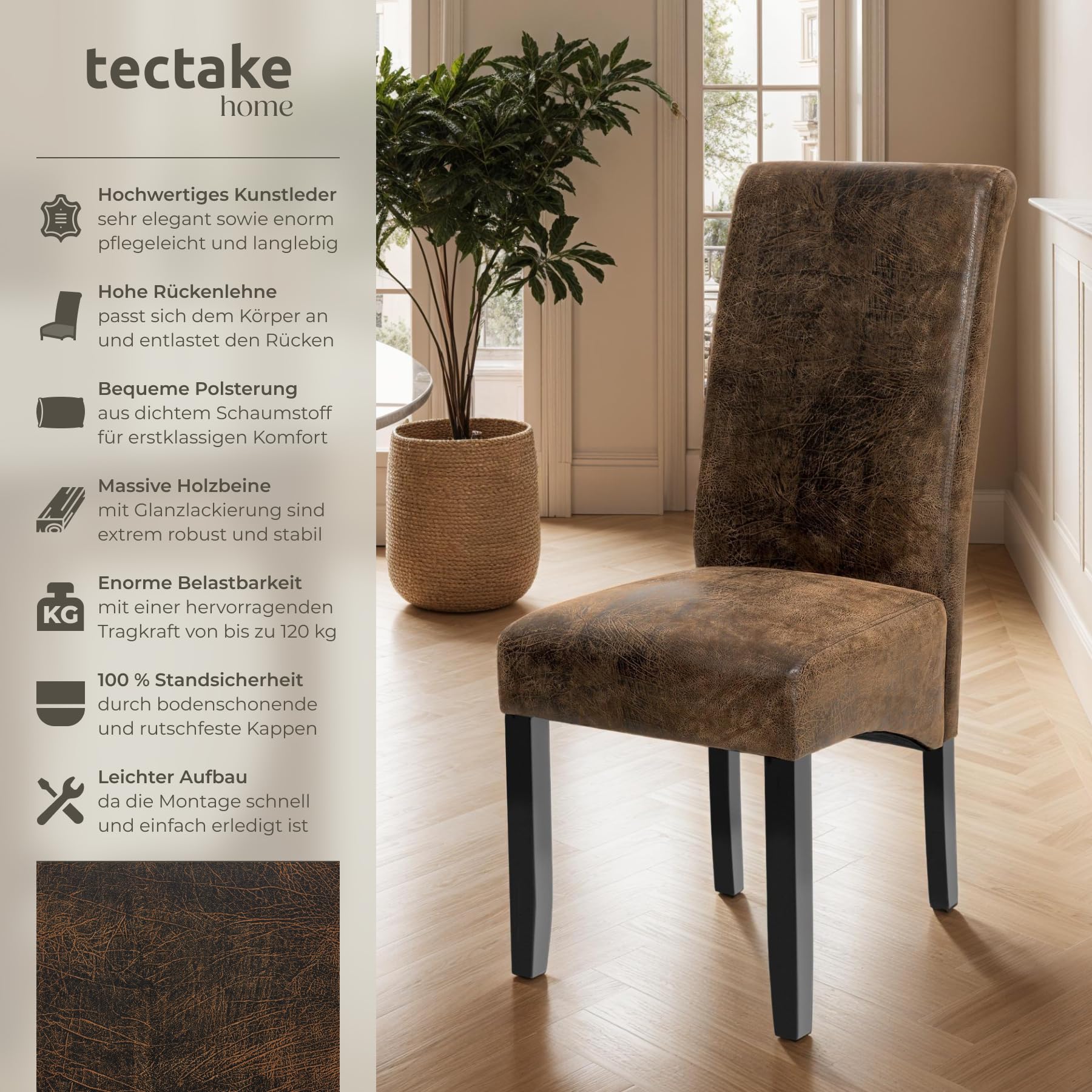 tectake® 6er Set Stühle, Kunstleder Stuhl mit hoher Rückenlehne, ergonomische Form, perfekt für den Esstisch, als Esszimmerstühle, Küchenstühle oder im Wohnzimmer - antikbraun