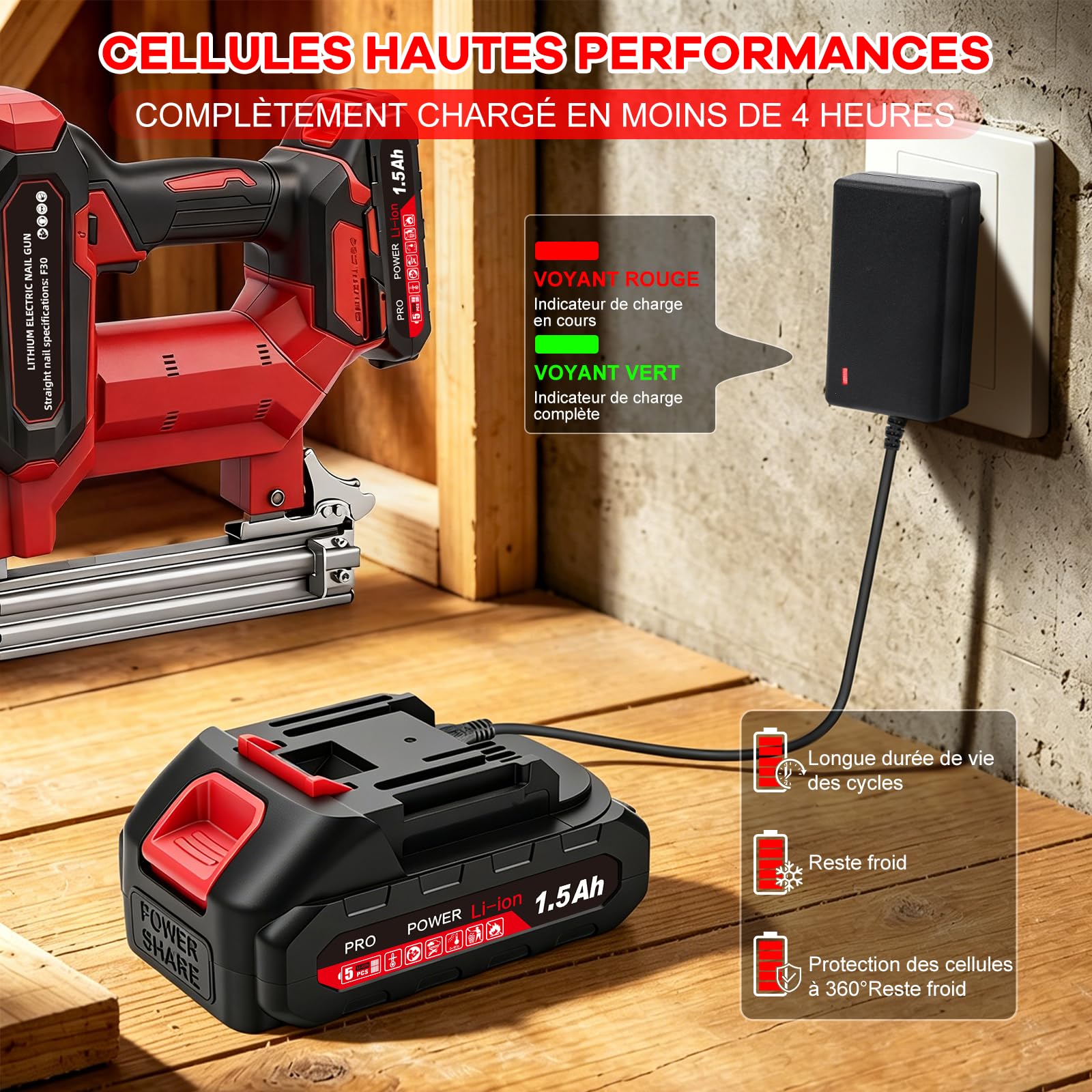 Cloueuse Electrique Sans Fil 21V avec 2 Batteries 1.5Ah, 1000 Clous/Agrafes | 2 en 1 Cloueur-Agrafeuse pour Tapisserie, Travail du Bois