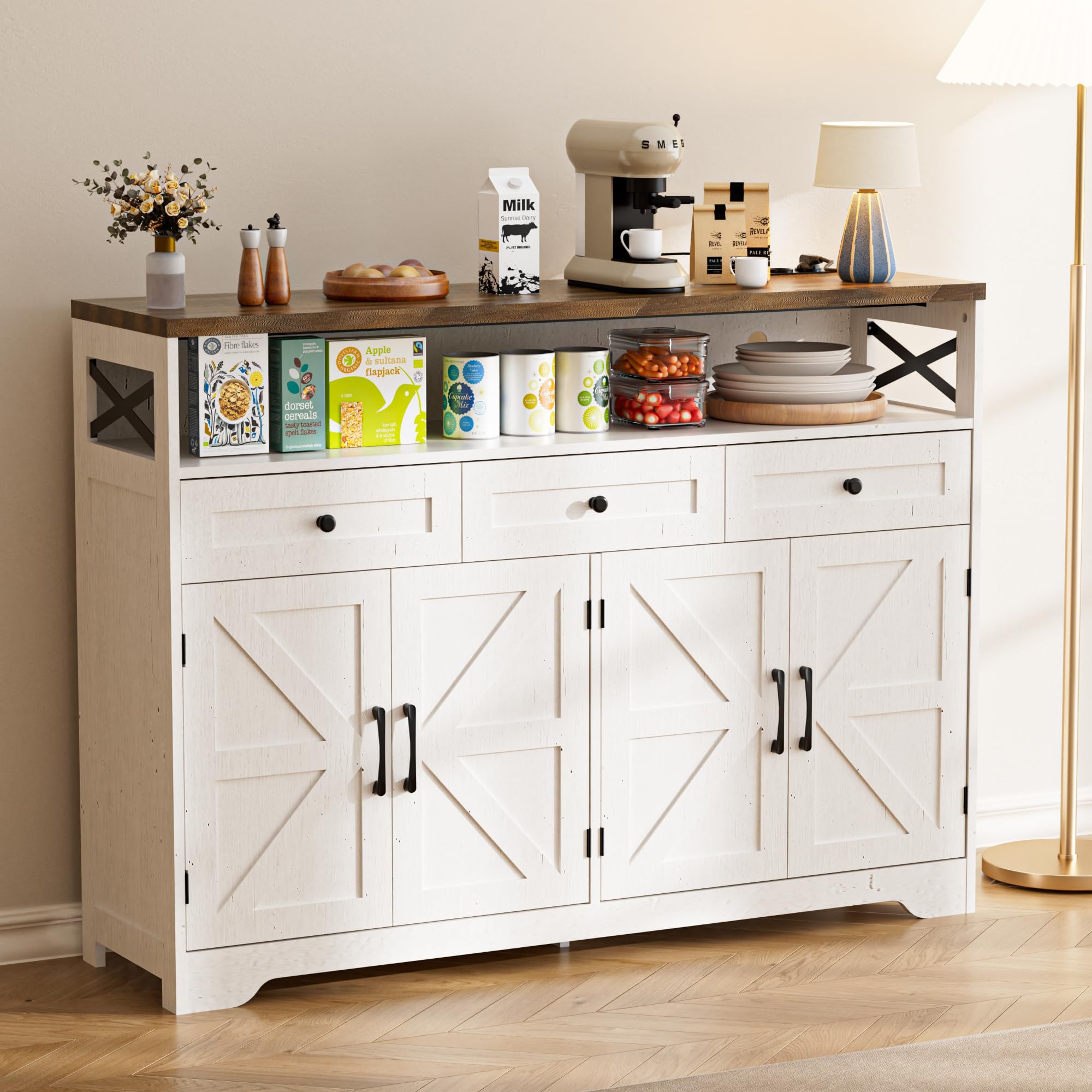 BonVache Credenza, credenza con cassetti, credenza con scaffali aperti, per cucina, sala da pranzo, soggiorno, 130 x 35 x 95 cm, bianco