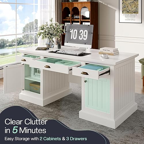 Miniatura 5 de Jocisland - Escritorio ejecutivo de 68" para oficina en casa y estudio, mesa de ordenador con panel acanalado con 3 cajones y 2 armarios, escritorio