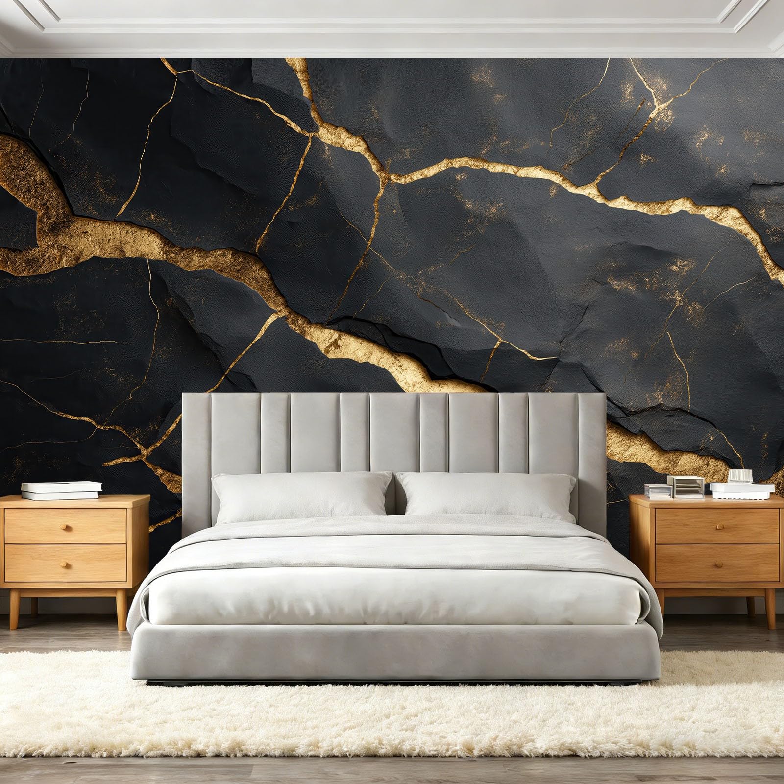 Fototapeta z włókniny 250 x 175 cm, elegancka marmur złote paski, tapeta do pokoju gościnnego i małej sypialni, czarna