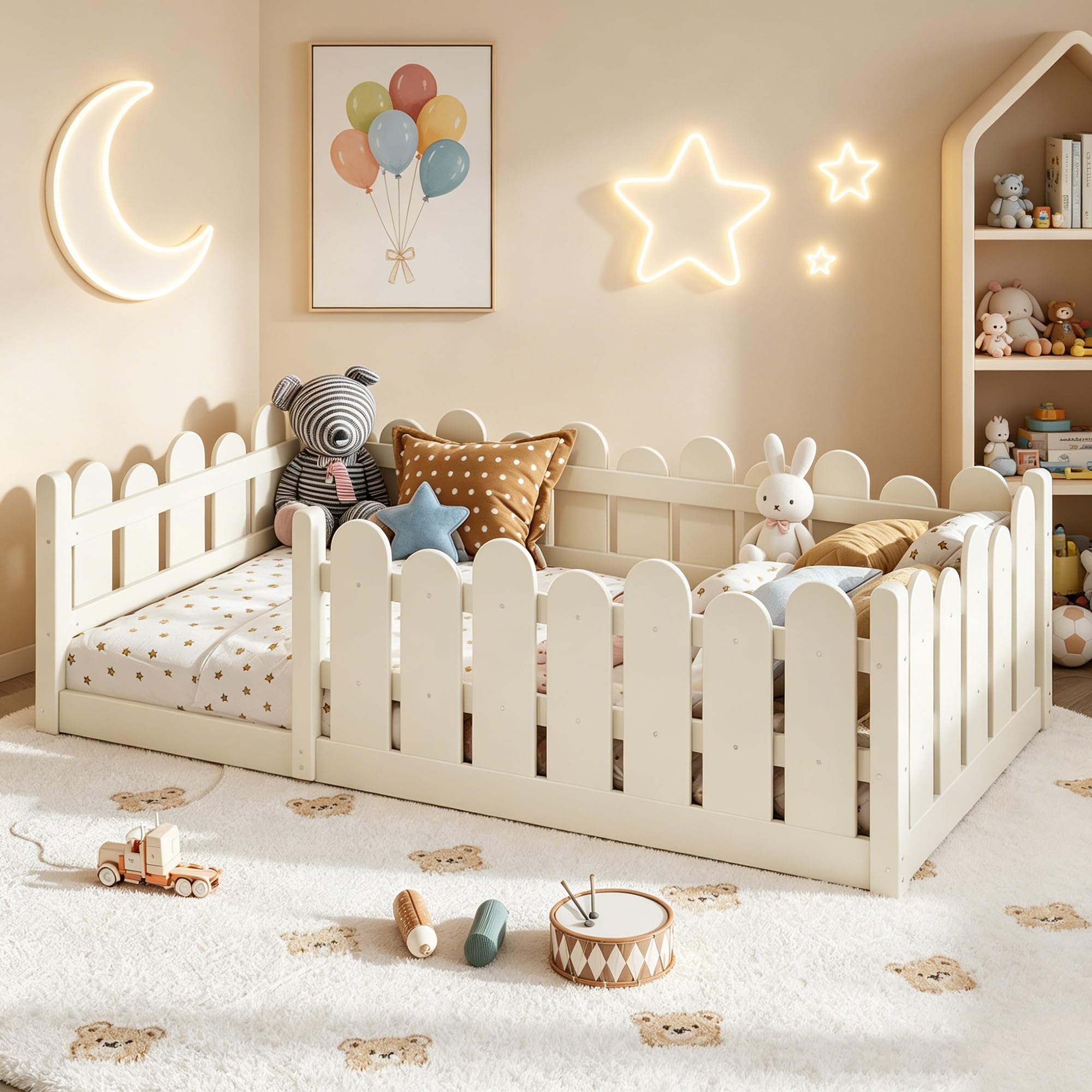 Bellemave Twin Montessori Floor Bed with Rounded Safety Guardrail,Beige