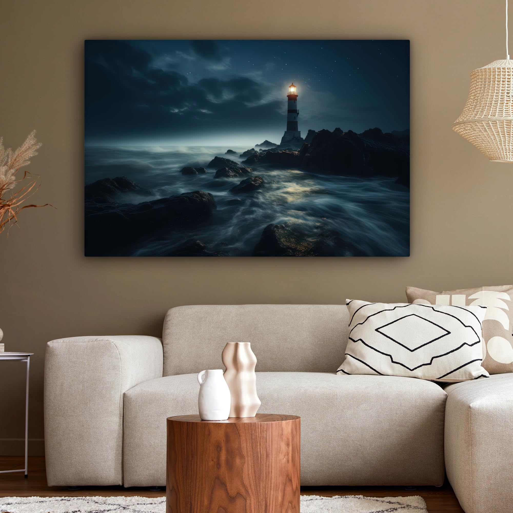 MuchoWow© Cuadros Salon Modernos 120x80 cm Adornos Pared Decorativos Dormitorio Lienzo Pinturas Quadro Decoración Marinas - Marineros - Faro - Mar - Niebla - Rocas - Marinera - Paisaje