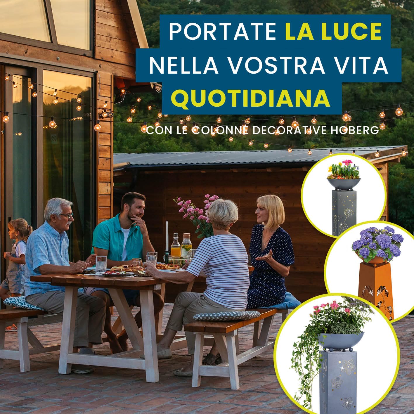 Hoberg LED Fioriera su piedistallo Foglie di Ginkgo Design in Color Cemento | Vaso Rimovibile (Ø 34cm) Adatto per Uso Interno ed Esterno | Illuminazione Integrata, USB o Solare [23 x 23 x 70 cm]