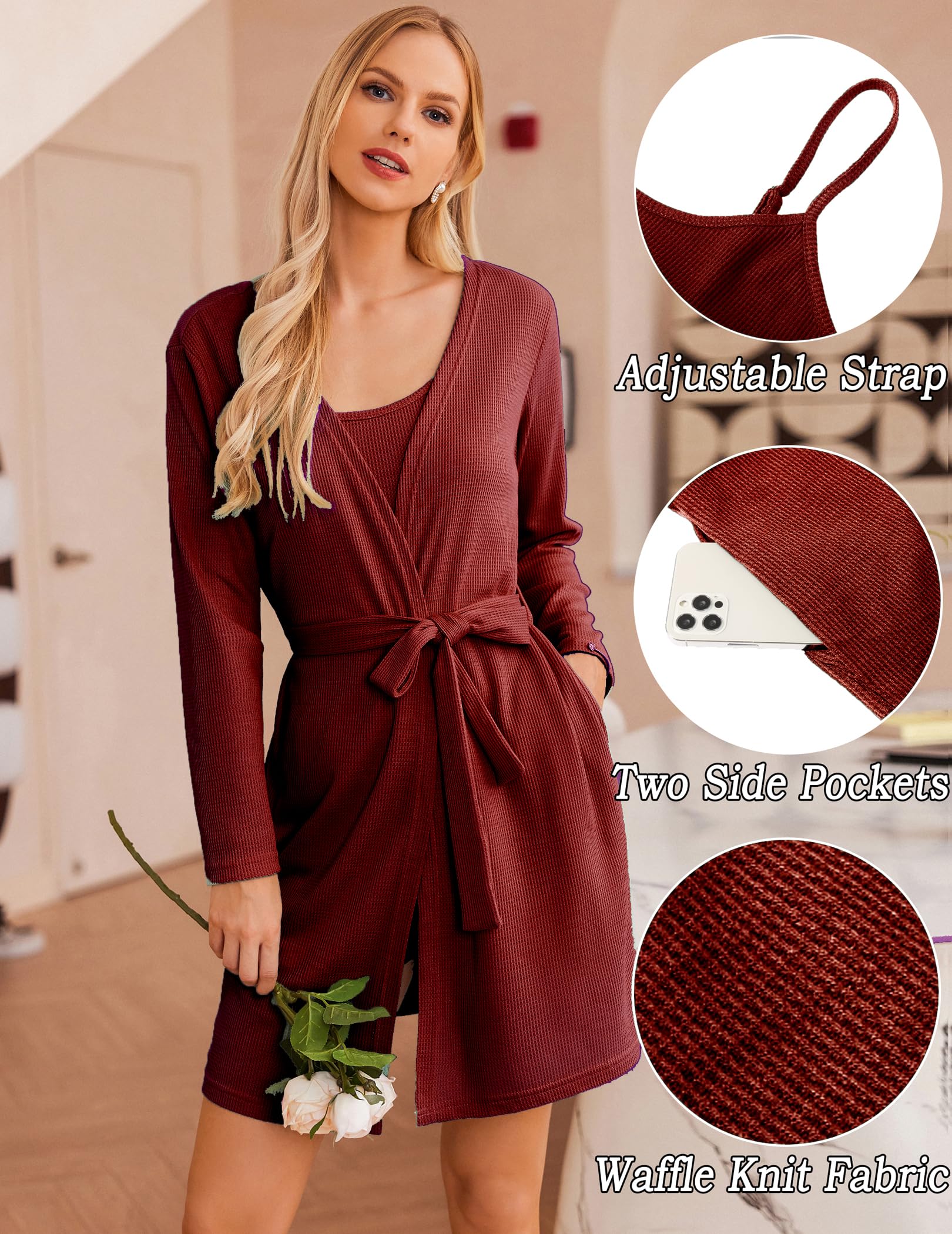 Ekouaer Pajamas for Women Set 3 Piece Lounge Set Soft Pajama Sets Waffle Knit Tank Top and Shorts Cardigan with Pockets S-XXL: XX-Large Wine Red